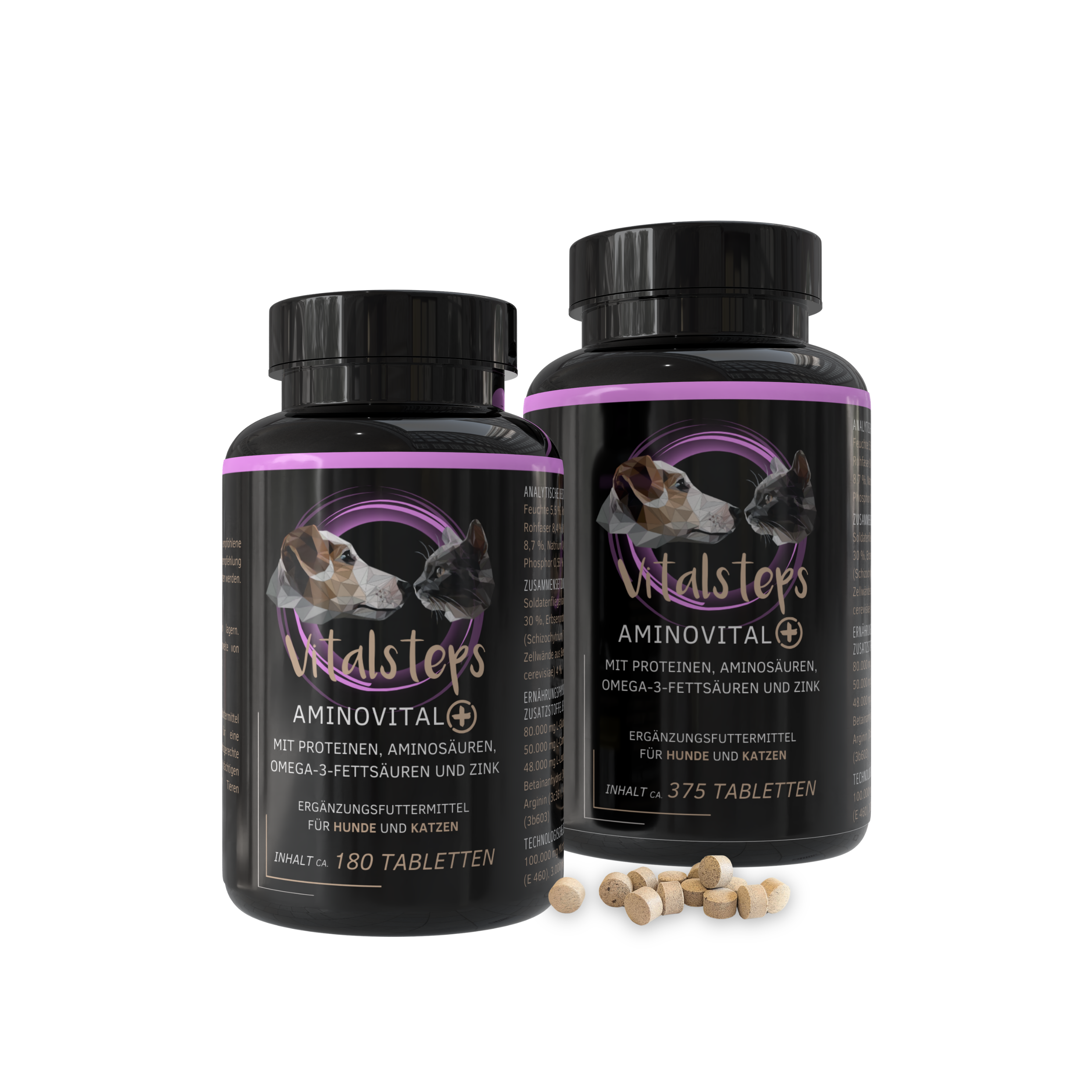 Vitalsteps AminoVital+ in zwei Dosengrößen mit Tablettenansicht auf weißem Hintergrund