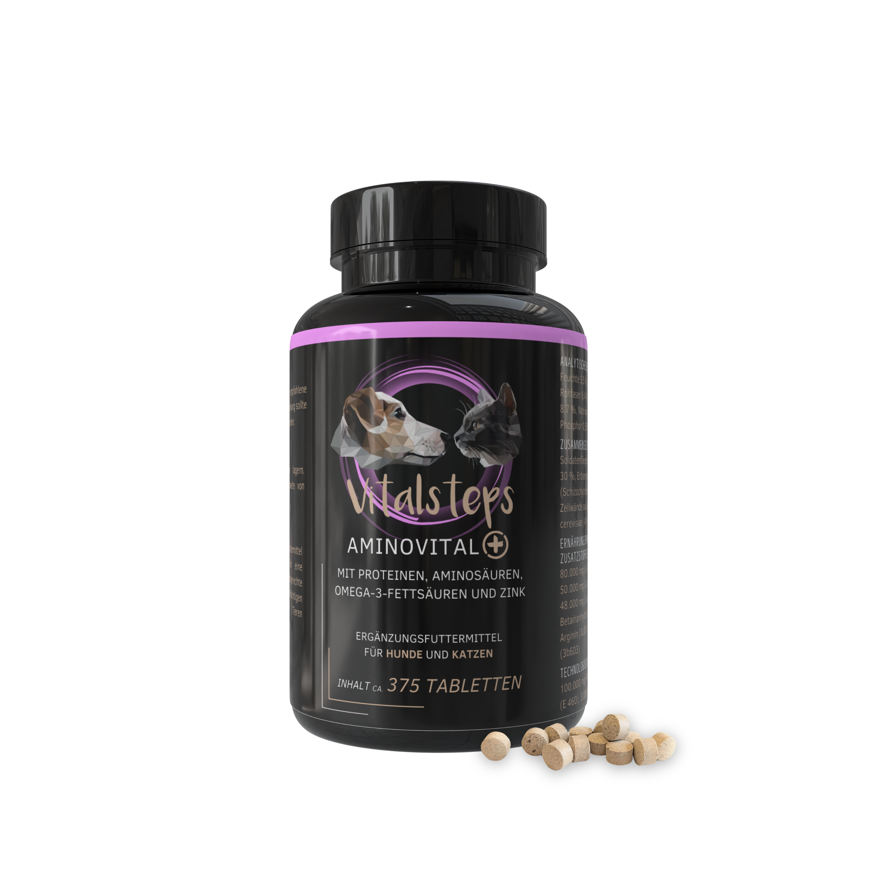 Vitalsteps AminoVital+ 375 Tabletten Dose auf weißem Hintergrund mit Tablettenansicht