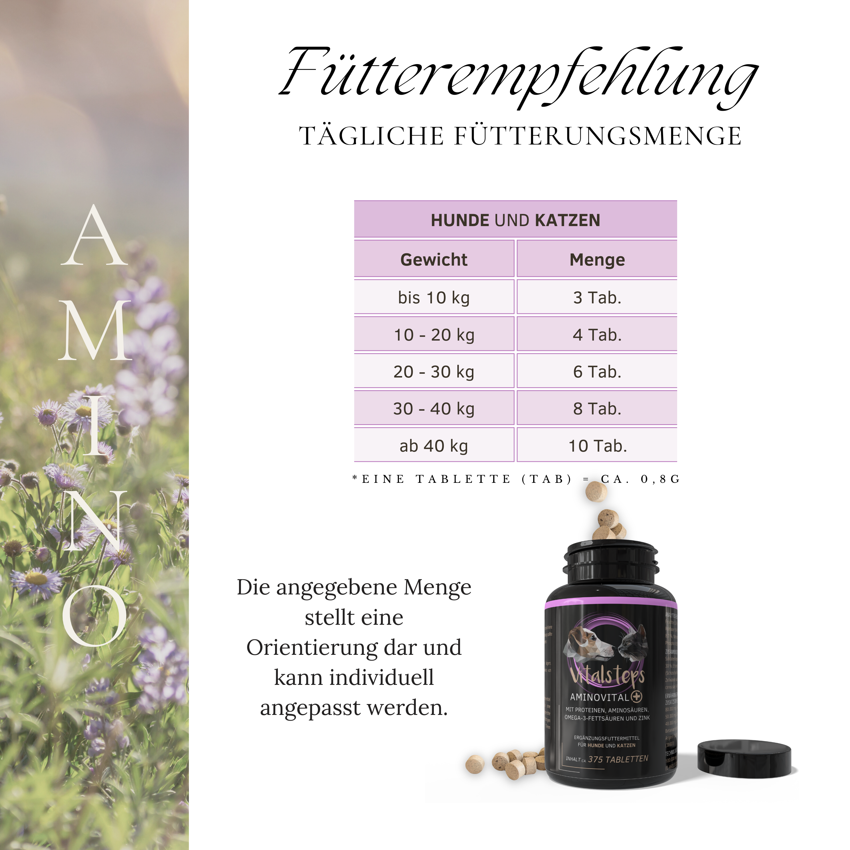 Vitalsteps AminoVital+ Fütterungsempfehlung für Hunde und Katzen mit Dosiertabelle, Dose und Tabletten