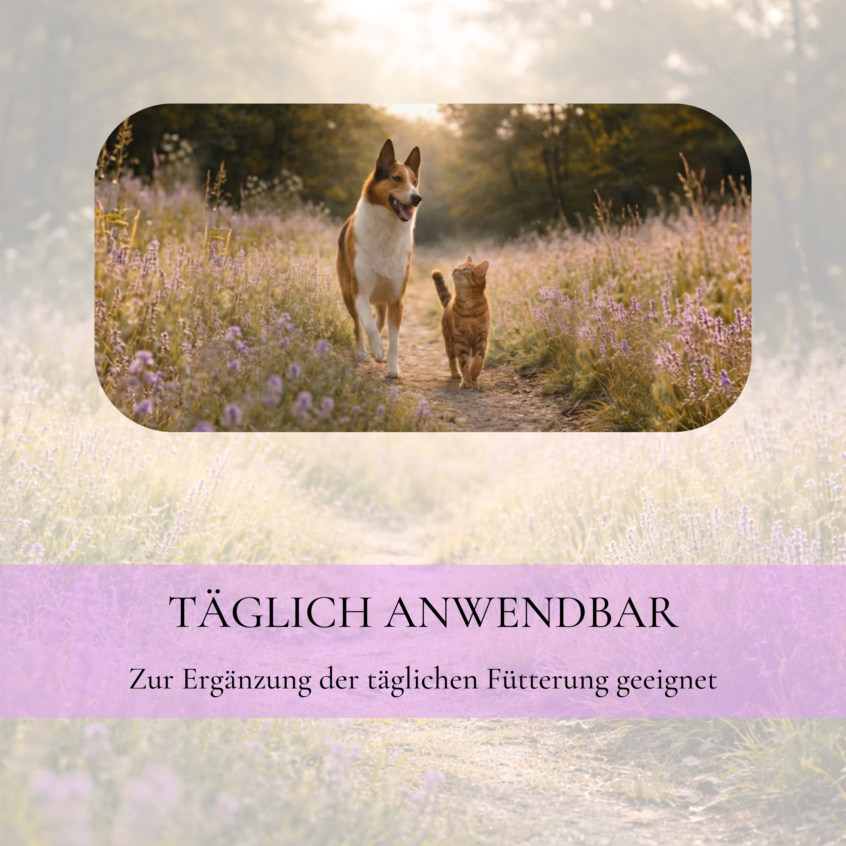 Hund und Katze auf einer Wiese mit Hinweis zur täglichen Fütterungsergänzung mit Vitalsteps AminoVital+