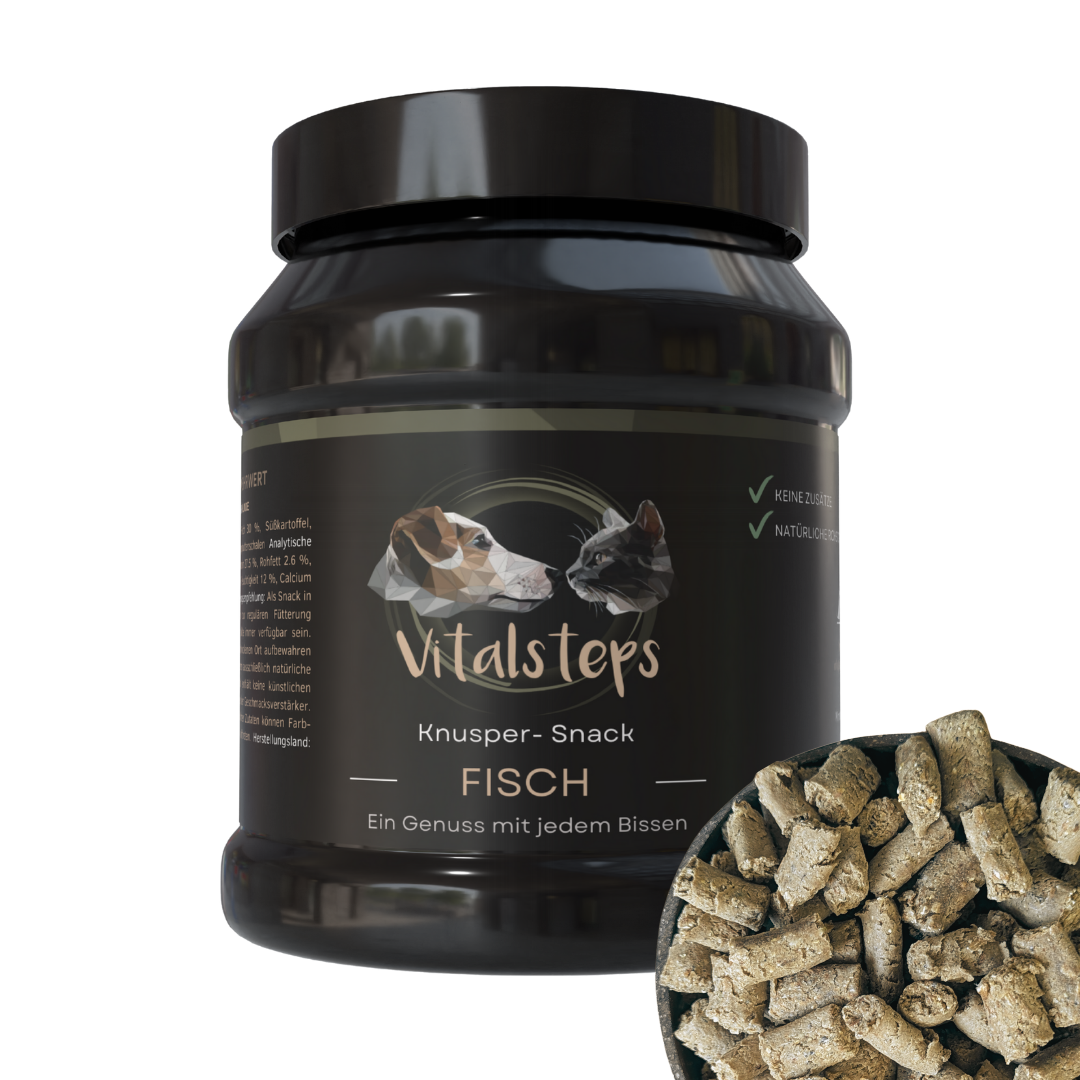 Vitalsteps Knusper-Snack Fisch Produktdose mit hellen Snackstückchen auf weißem Hintergrund