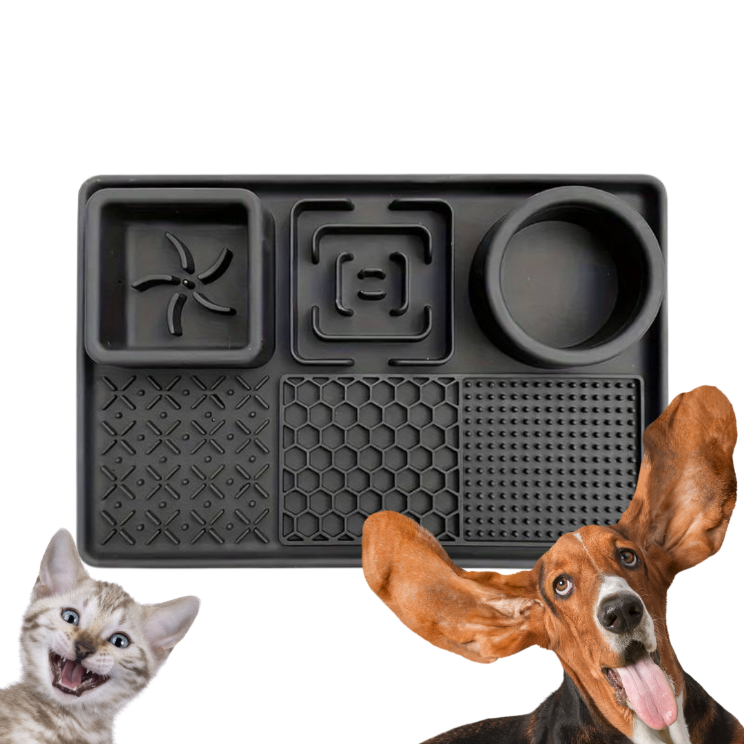 Schwarze Vitalsteps Leckmatte für Hunde und Katzen mit verschiedenen Schleckfeldern