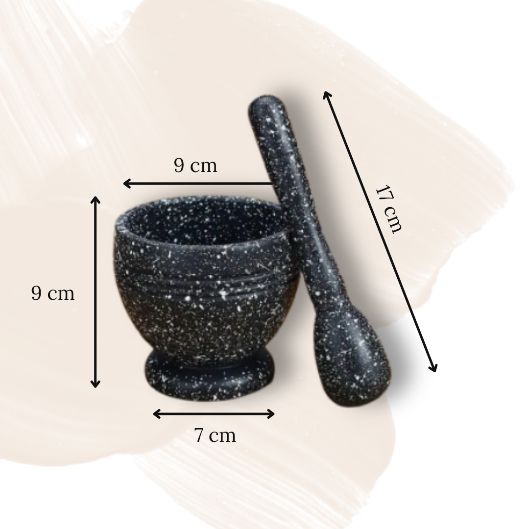 Vitalsteps Tabletten-Mörser in Schwarz mit passendem Stößel zur Zerkleinerung von Tabletten mit Maßangaben