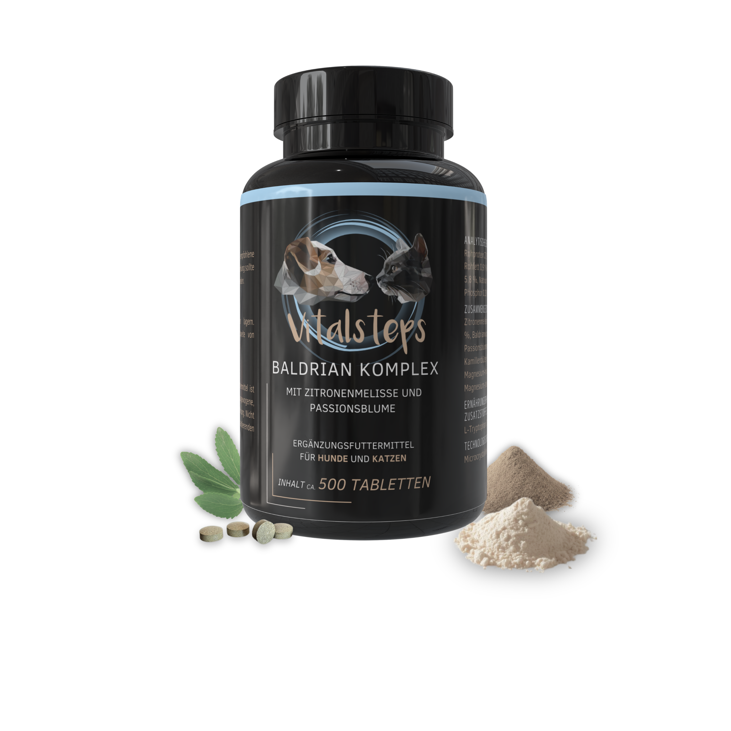 Vitalsteps Baldrian Komplex Dose für Hunde und Katzen mit Tabletten, Pflanzenblatt und Pulveransicht
