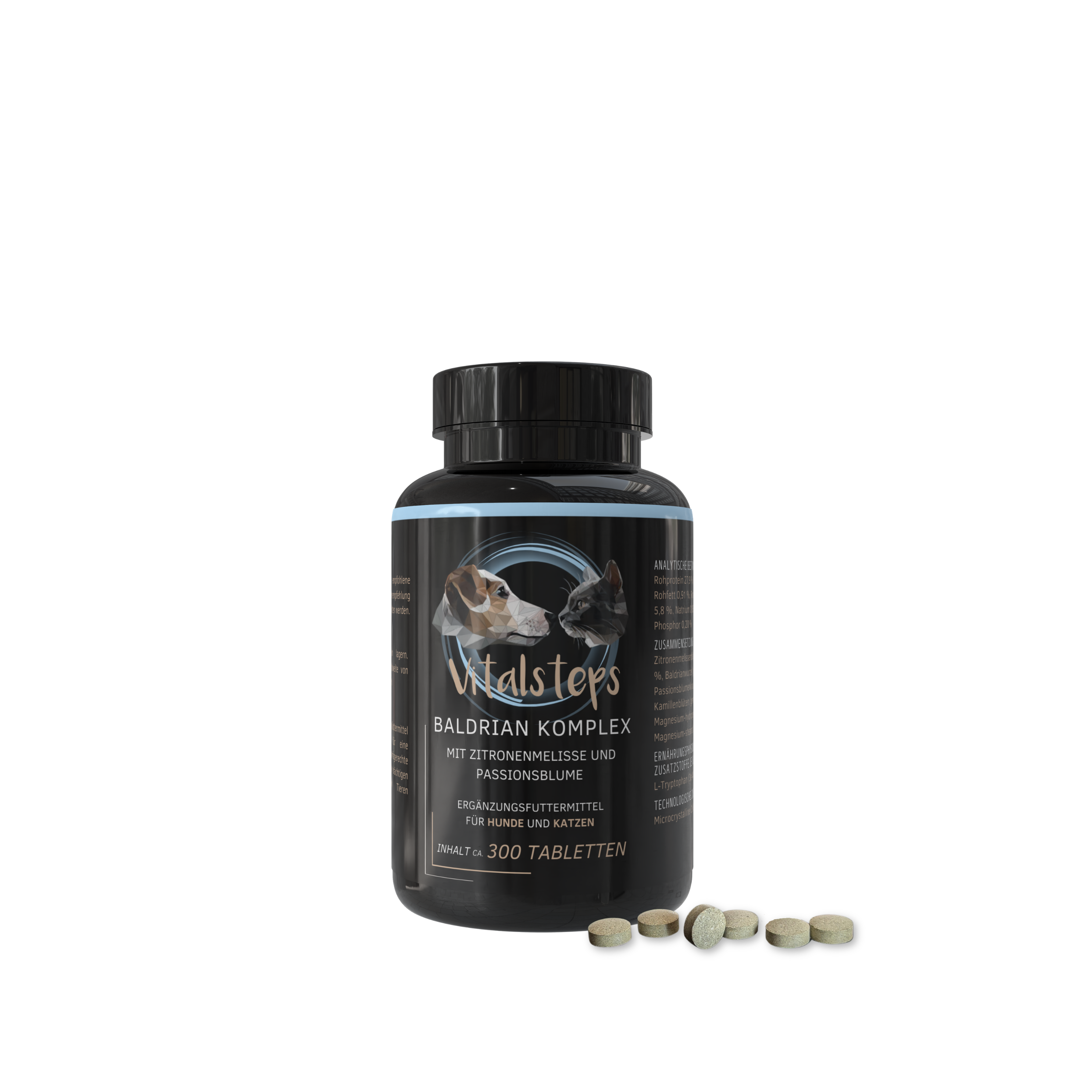 Vitalsteps Baldrian Komplex 300 Tabletten Dose für Hunde und Katzen mit Tablettenansicht auf weißem Hintergrund