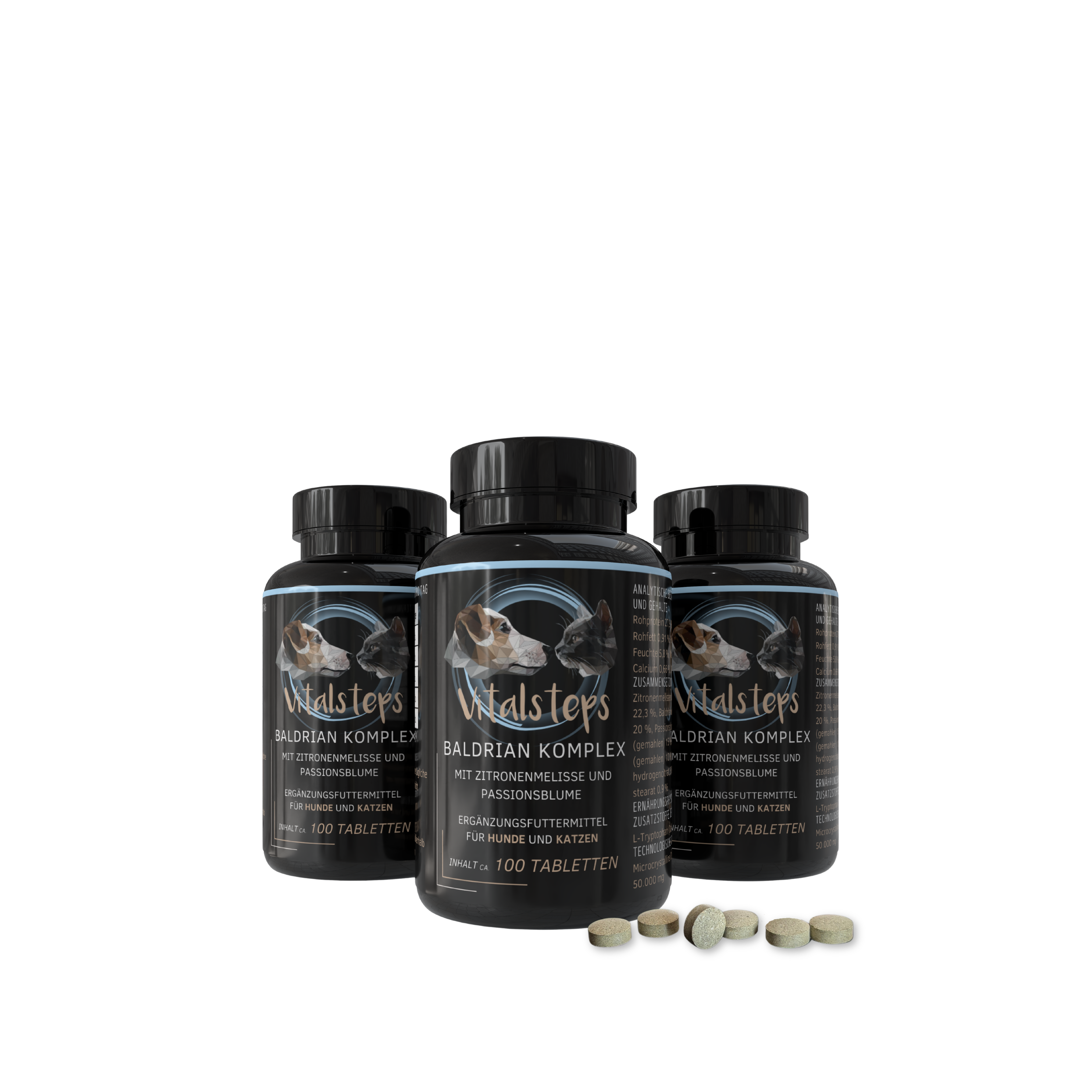 Vitalsteps Baldrian Komplex Vorratspack mit drei 100 Tabletten Dosen und Tablettenansicht