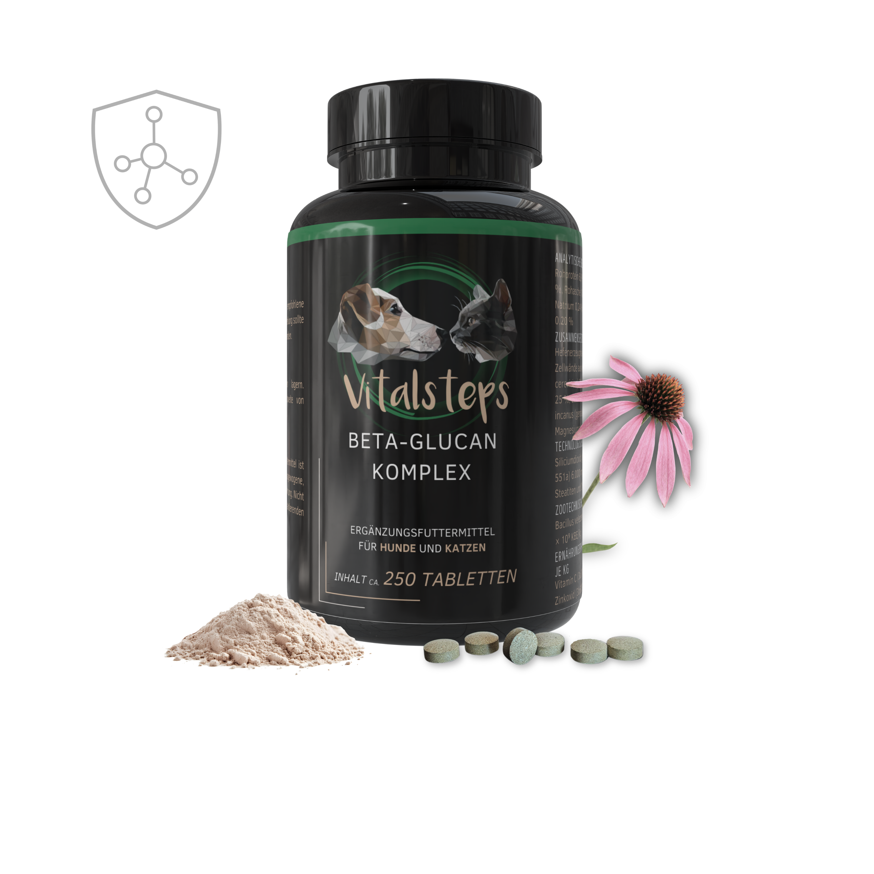 Vitalsteps Beta-Glucan Komplex Tabletten für Hunde und Katzen mit Dose, Pulver und Echinacea-Blüte