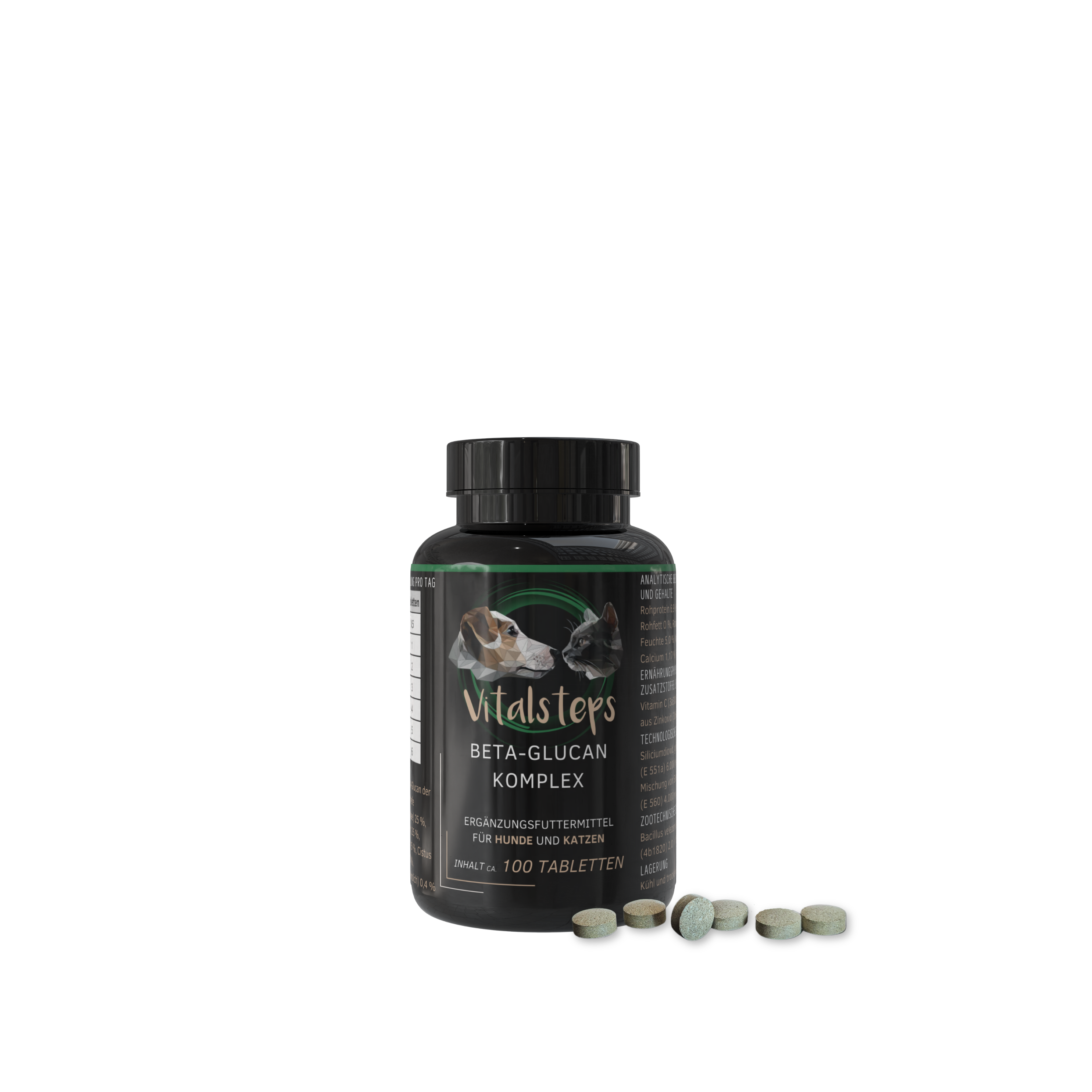 Vitalsteps Beta-Glucan Komplex 100 Tabletten Dose für Hunde und Katzen mit Tablettenansicht