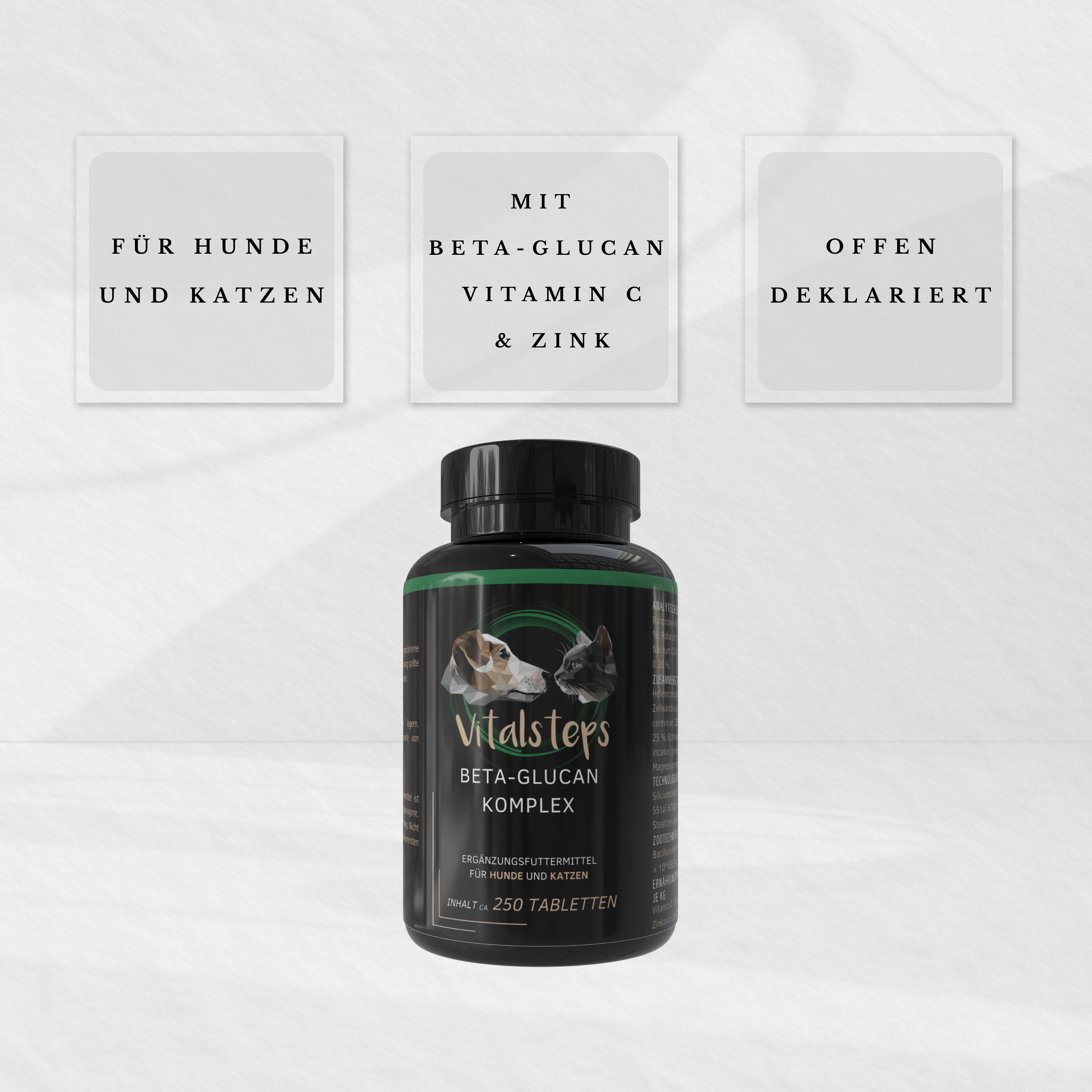 Vitalsteps Beta-Glucan Komplex Dose für Hunde und Katzen mit Hinweisen zu Beta-Glucan, Vitamin C und Zink
