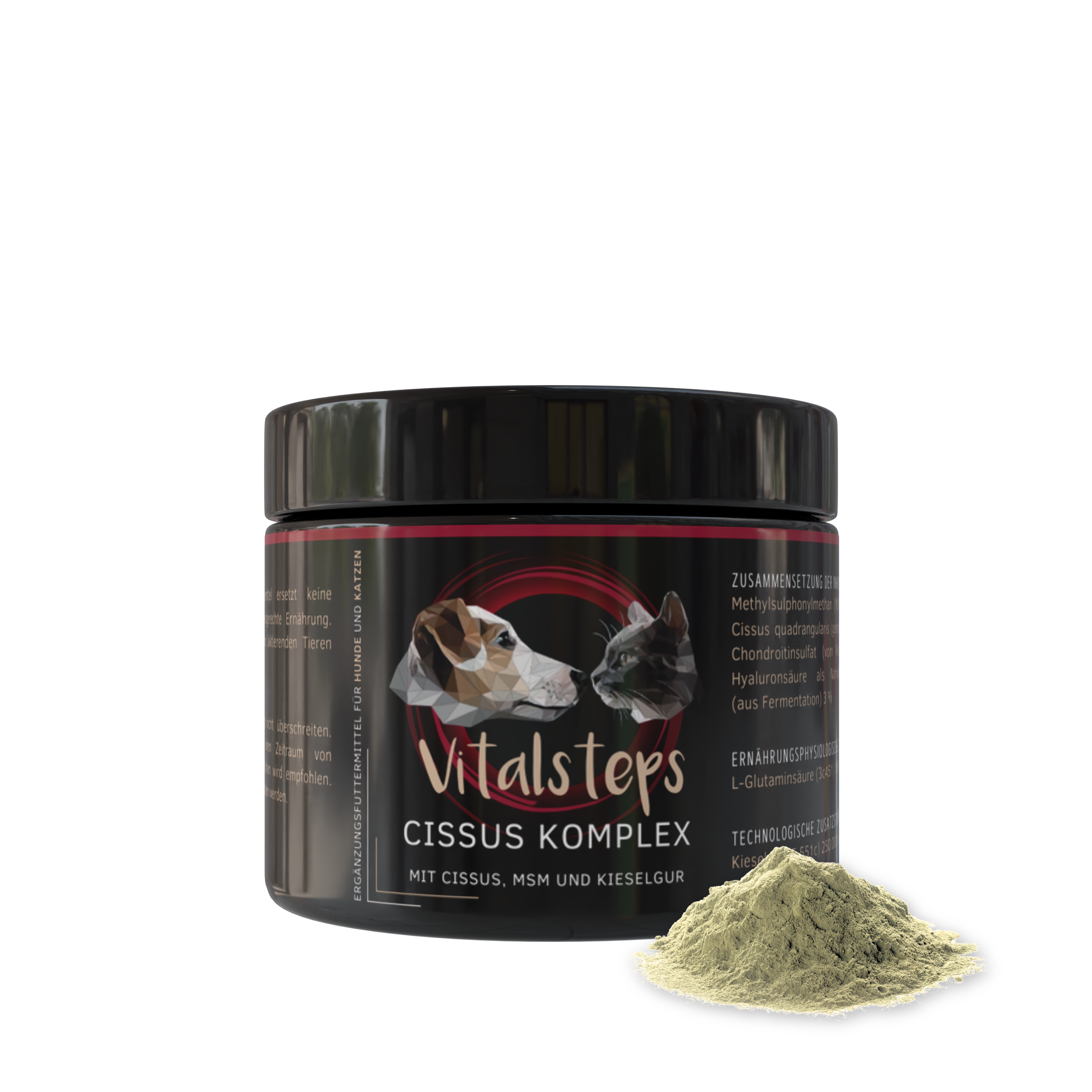 Vitalsteps Cissus Komplex Dose mit Pulveransicht auf weißem Hintergrund