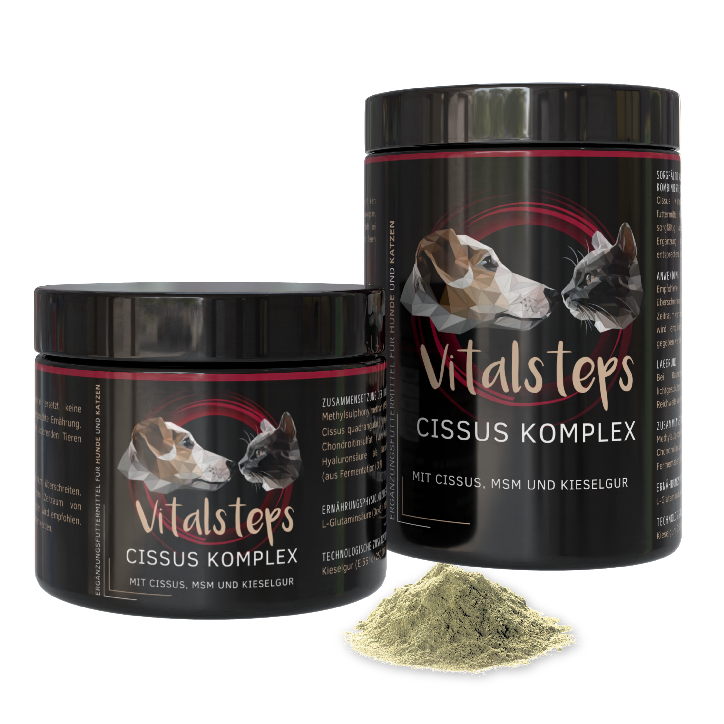Vitalsteps Cissus Komplex in zwei Dosengrößen mit Pulveransicht auf weißem Hintergrund