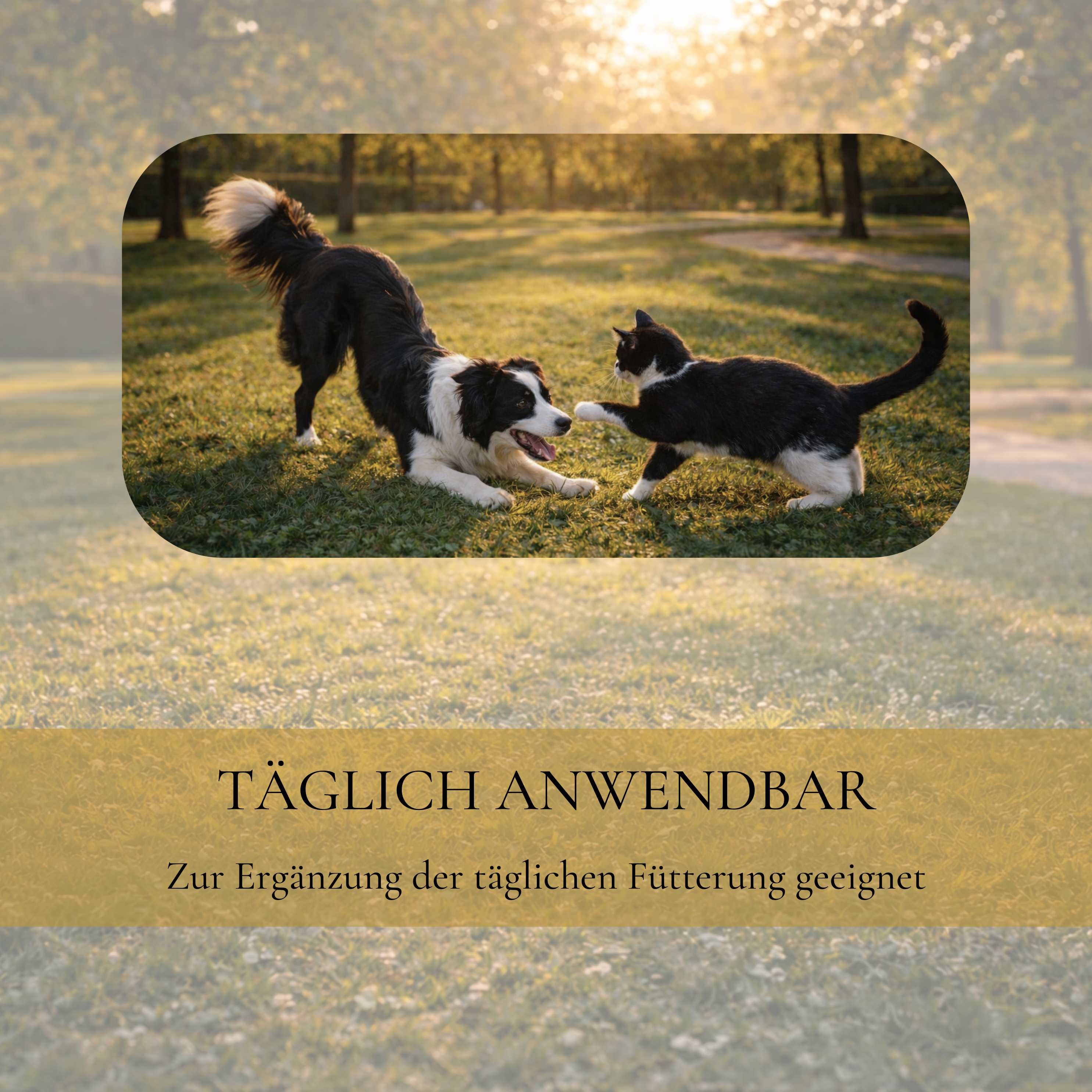 Hund und Katze spielen auf einer Wiese mit Hinweis zur täglichen Fütterungsergänzung mit Vitalsteps Cissus Komplex