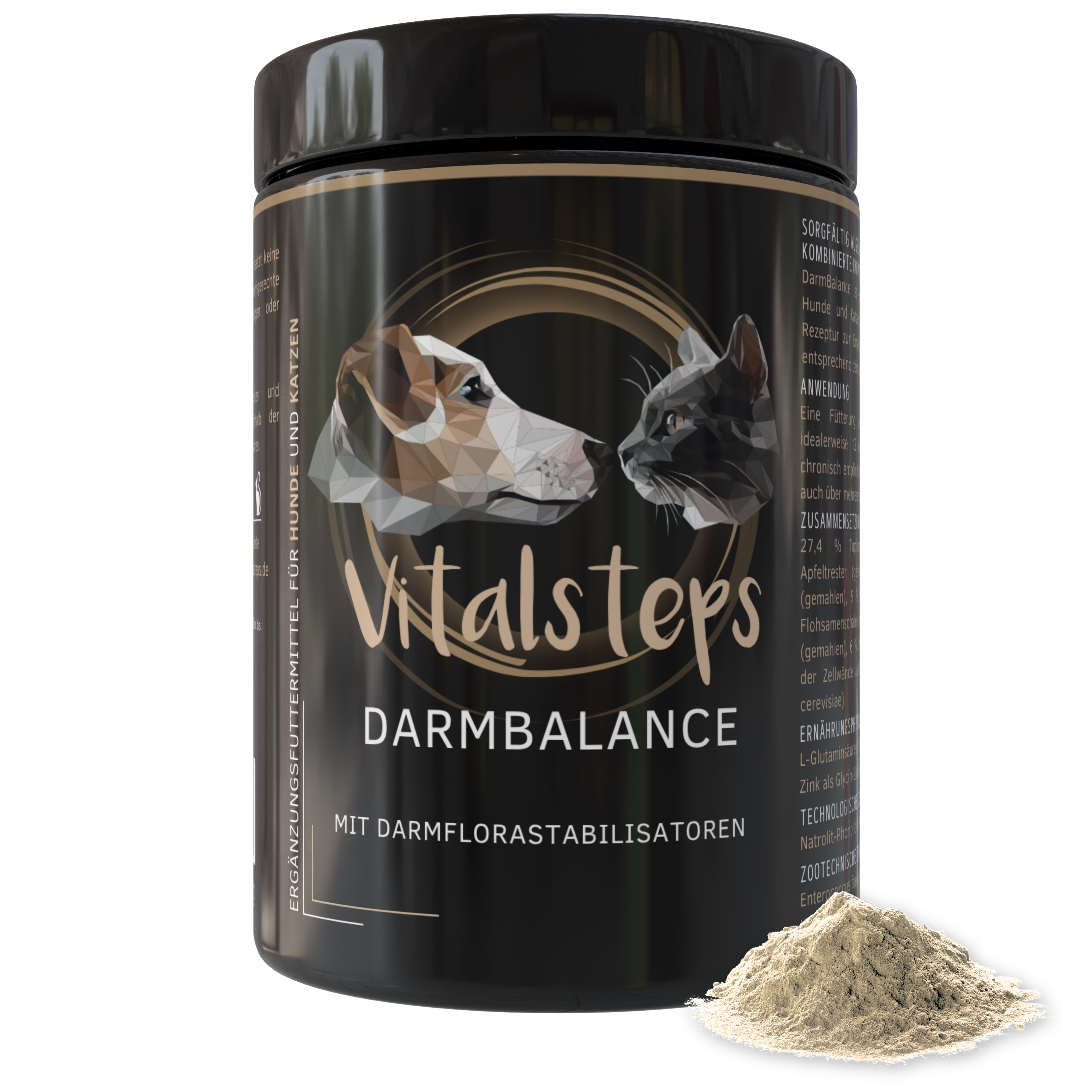 Vitalsteps DarmBalance Dose mit Pulver – Ergänzungsfuttermittel für Hunde und Katzen mit Darmflorastabilisatoren.