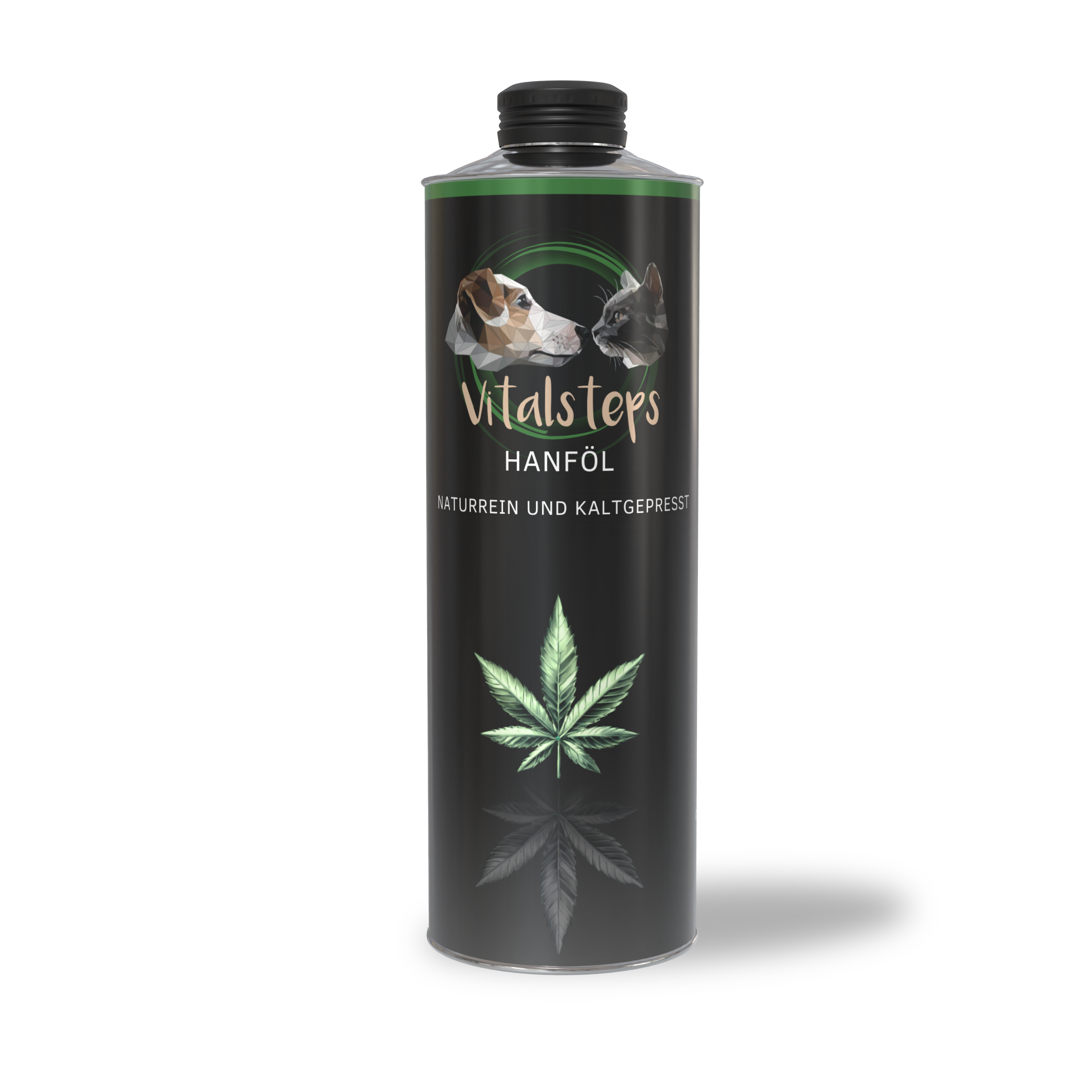 Vitalsteps Hanföl Produktflasche auf weißem Hintergrund als Futteröl für Hunde und Katzen