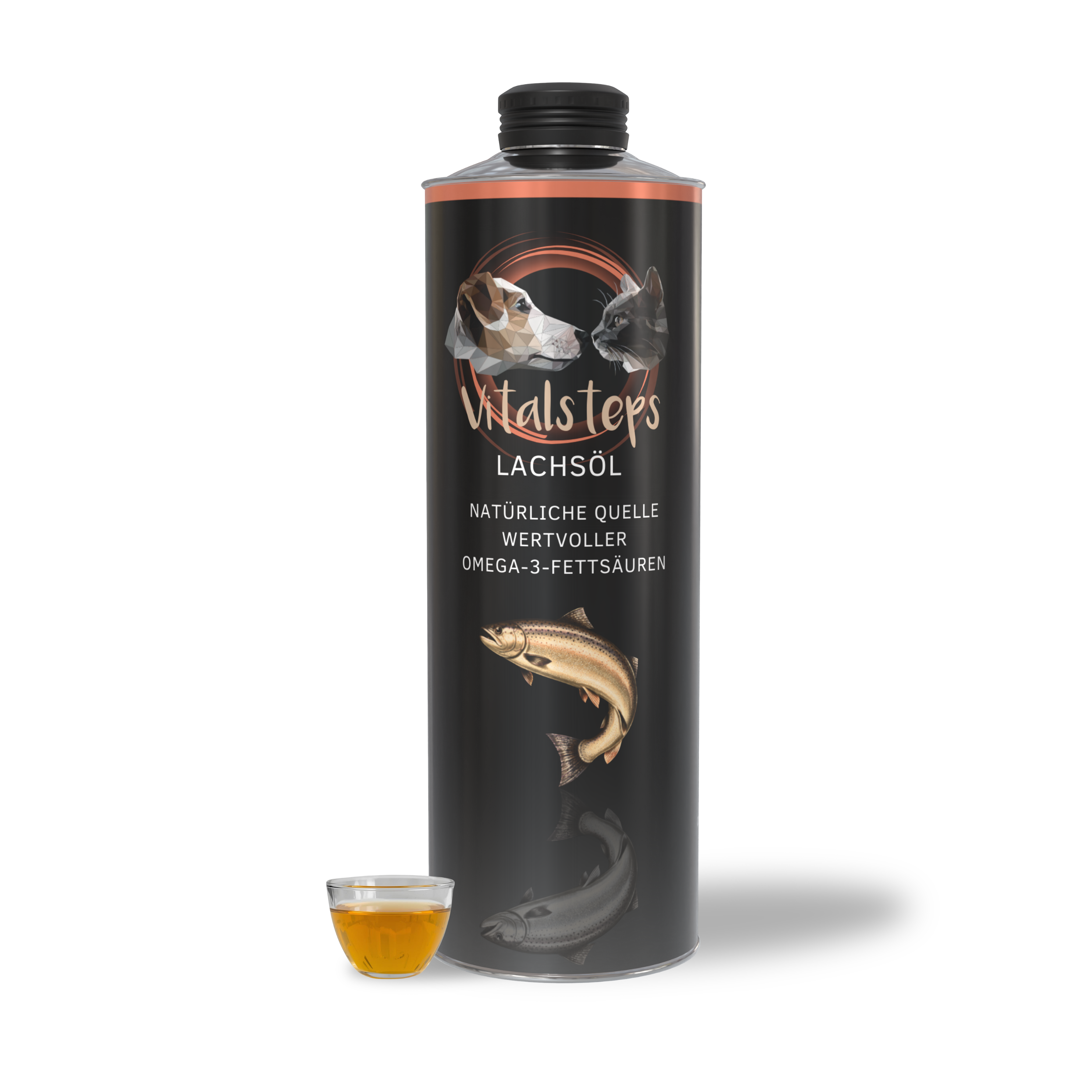 Vitalsteps Lachsöl Produktflasche mit Ölansicht als Omega-3-Futteröl für Hunde und Katzen