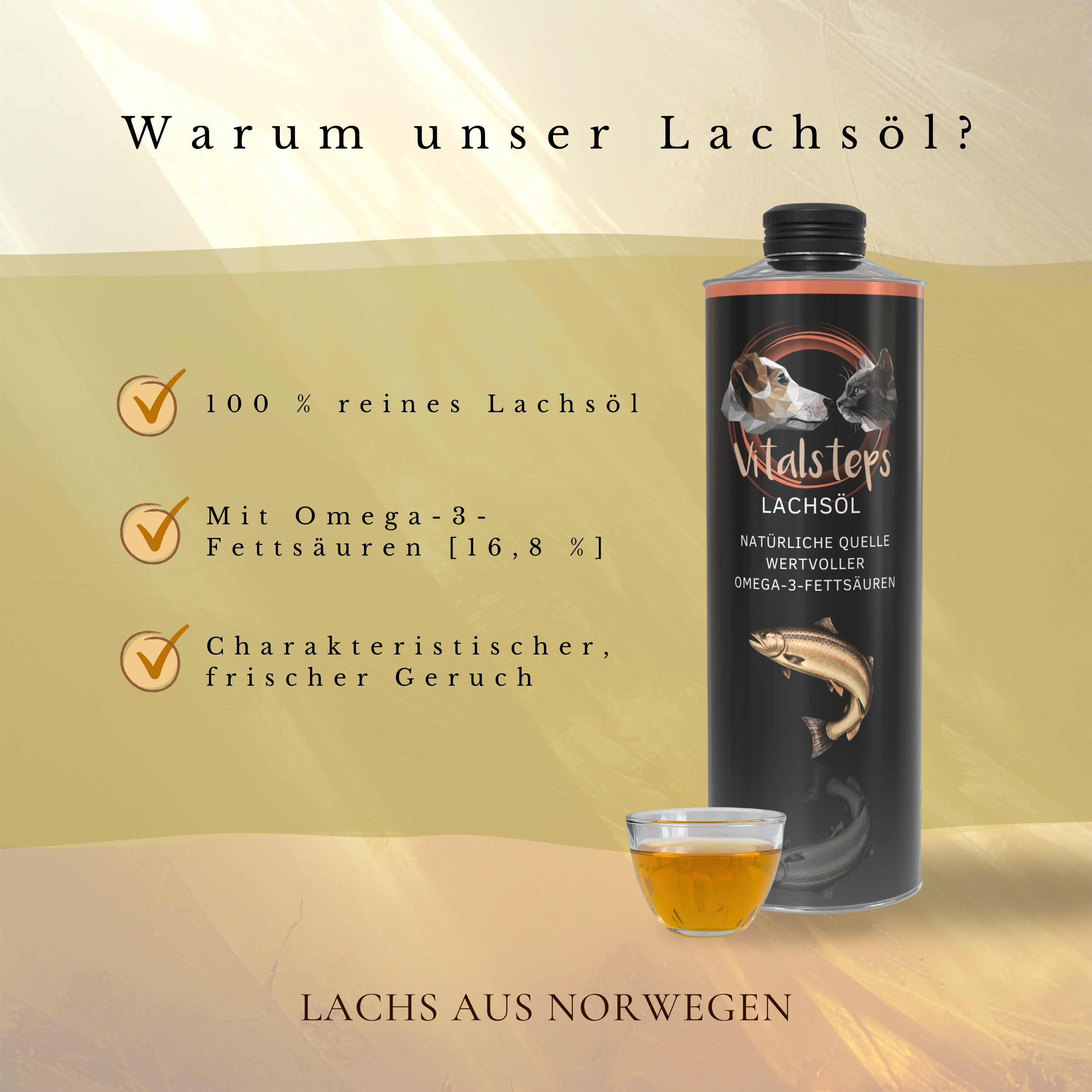 Vitalsteps Lachsöl Vorteilsübersicht mit Produktflasche, Ölansicht und Angaben zu reinem Lachsöl aus Norwegen