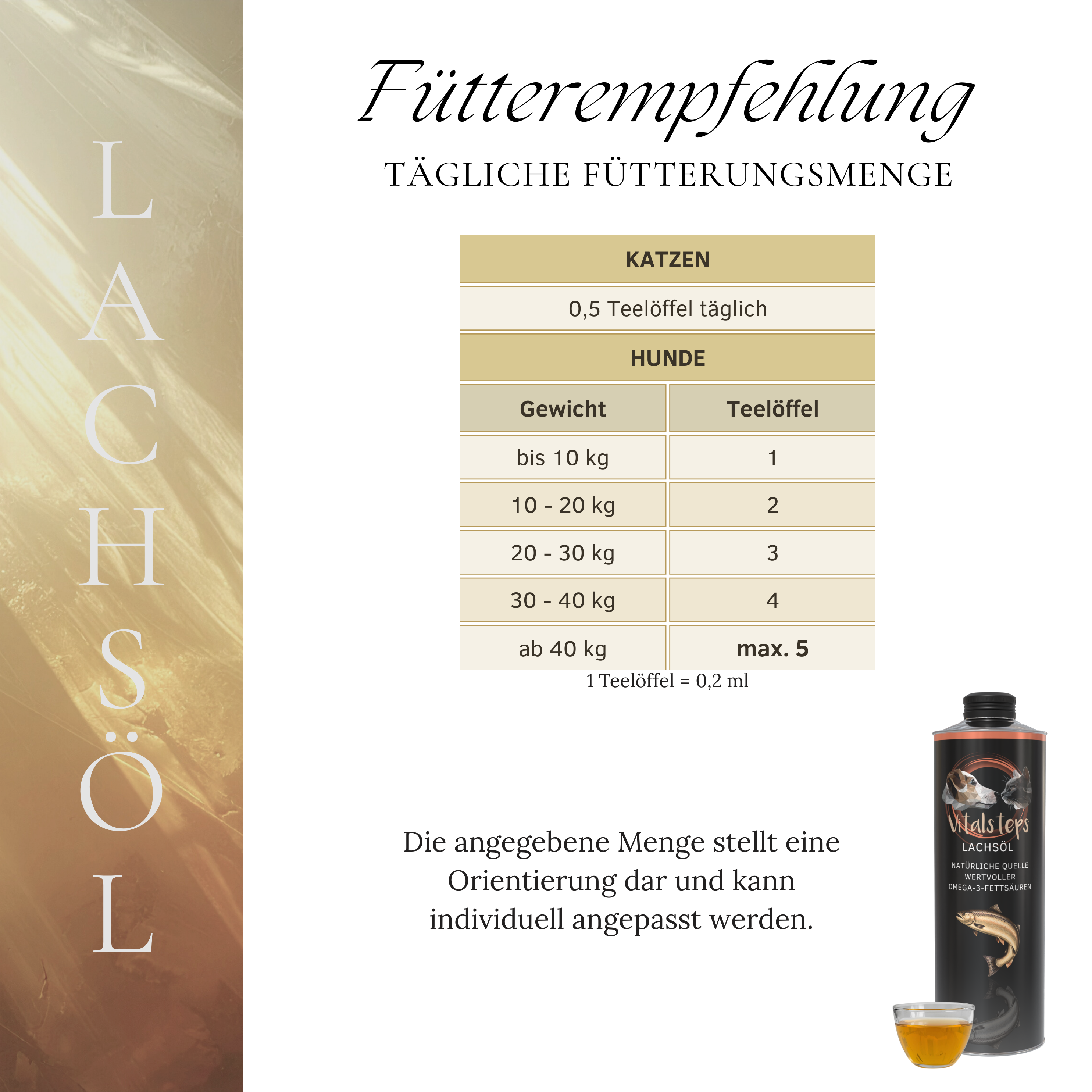 Vitalsteps Lachsöl Fütterungsempfehlung für Katzen und Hunde mit Dosiertabelle und Produktflasche