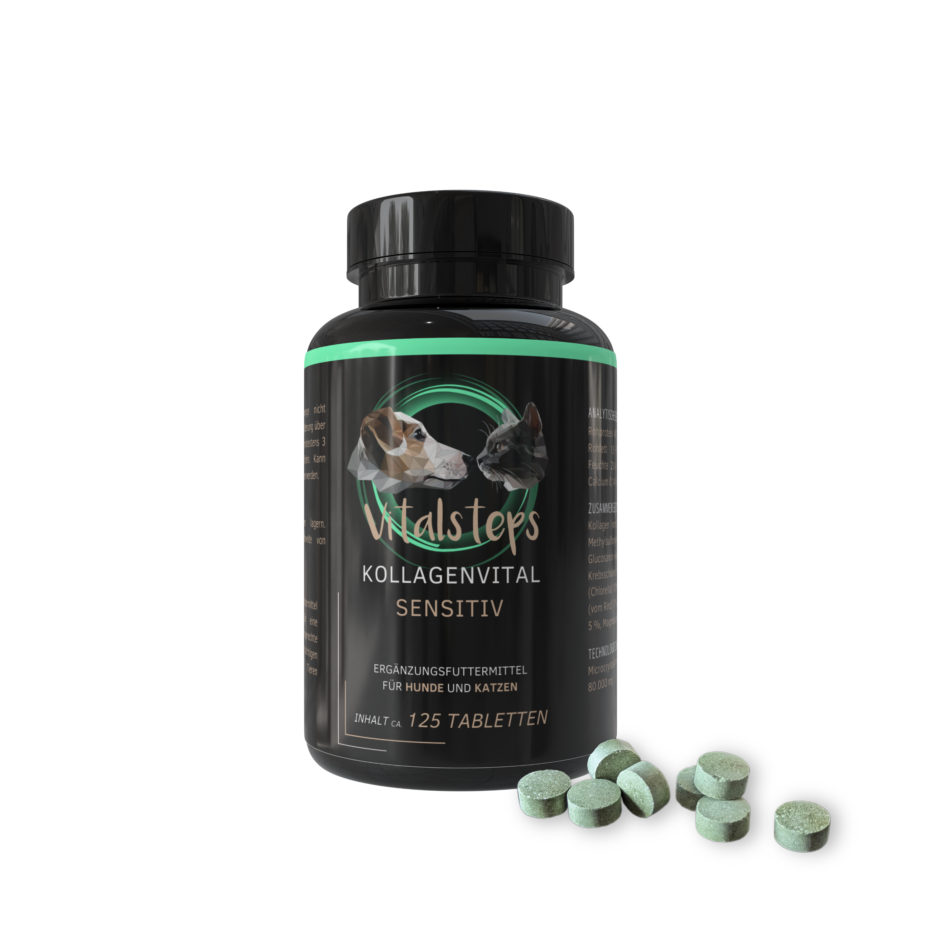 Vitalsteps KollagenVital Sensitiv 125 Tabletten Dose auf weißem Hintergrund mit Tablettenansicht