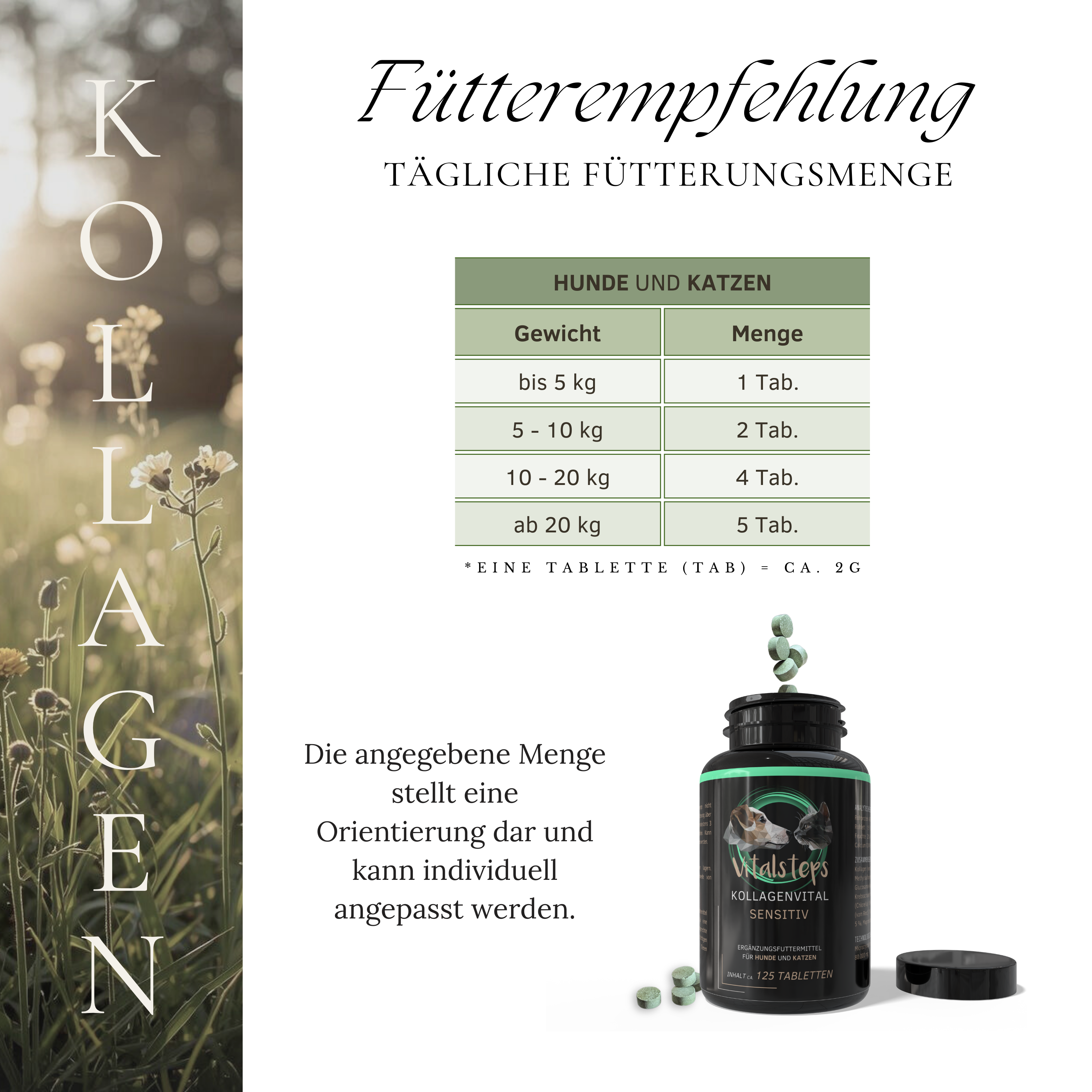 Vitalsteps KollagenVital Sensitiv Fütterungsempfehlung für Hunde und Katzen mit Dosiertabelle, Dose und Tabletten