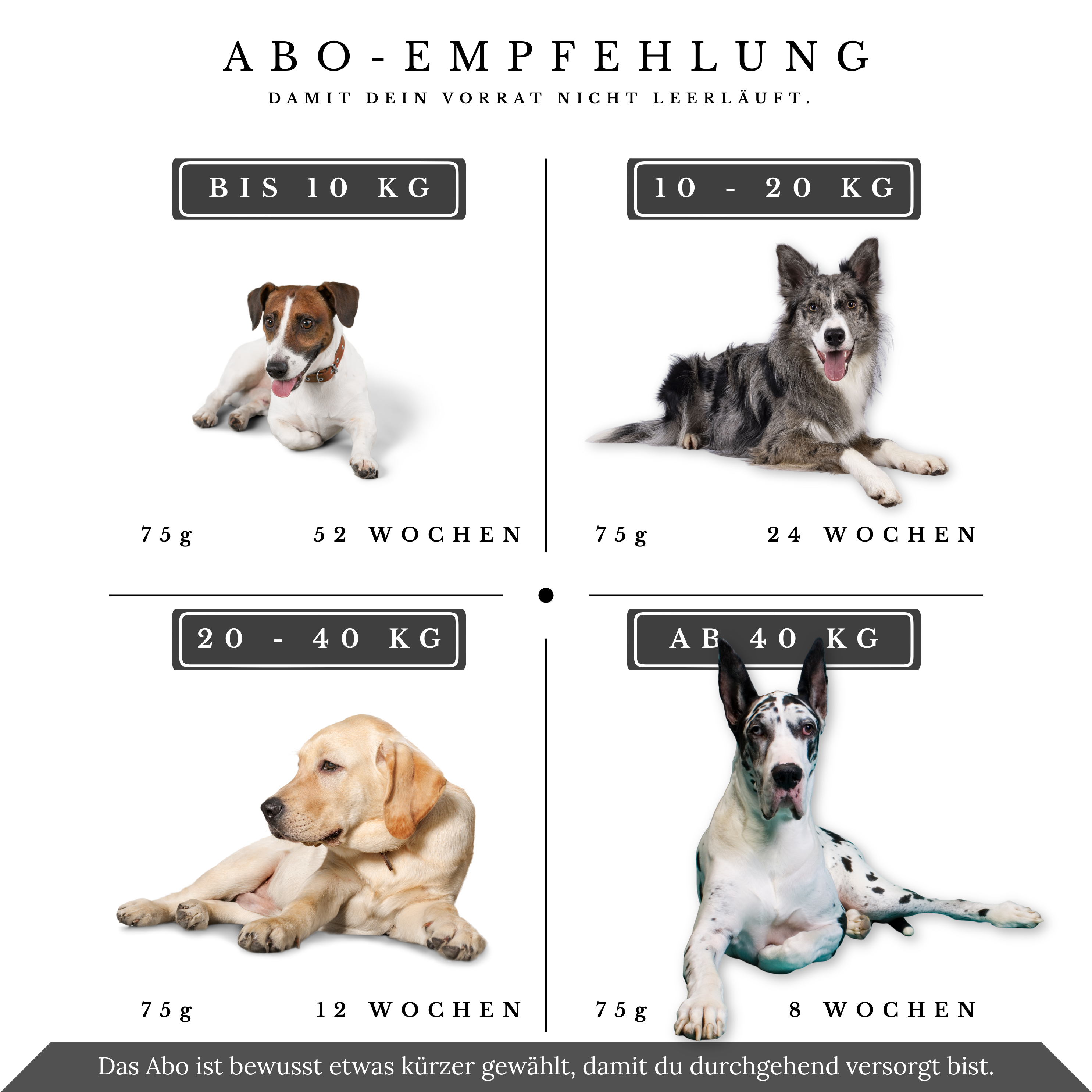 Vitalsteps PEAum Abo-Empfehlung mit 75-g-Dose und Nachbestellintervallen nach Hundegewicht
