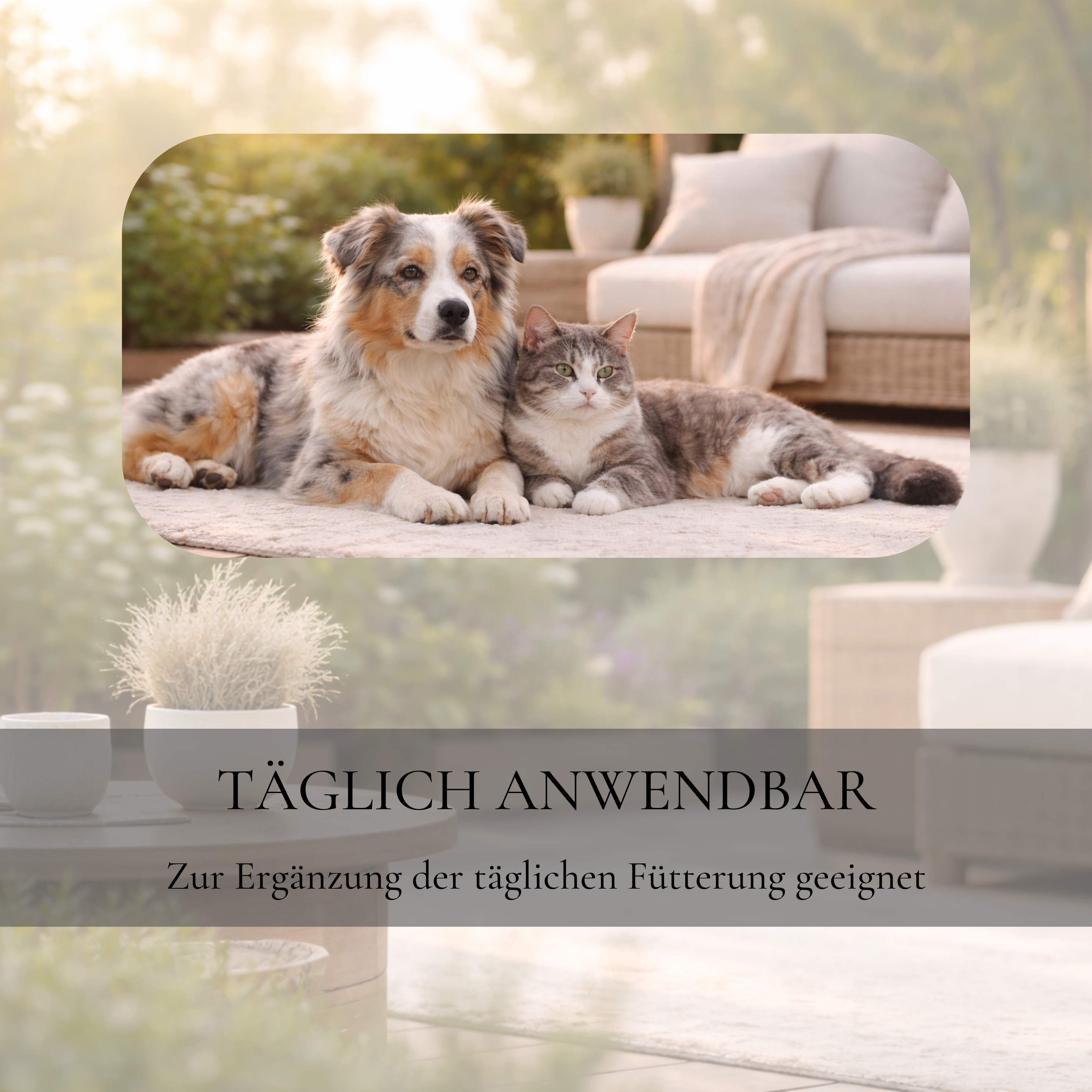 Vitalsteps PEAum Infobild mit Hund und Katze zur täglichen Fütterungsergänzung