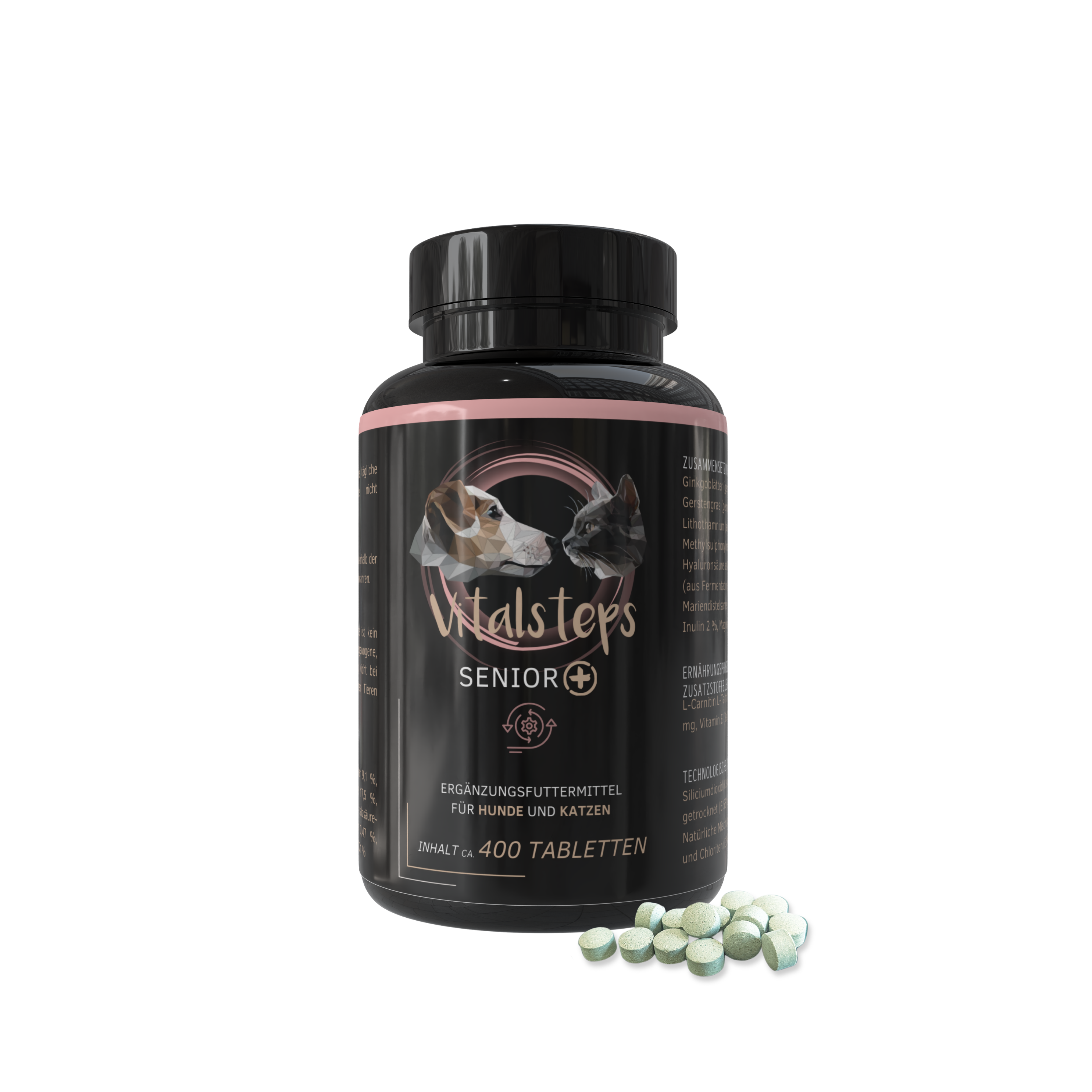 Vitalsteps Senior+ 400 Tabletten Dose für Hunde und Katzen mit Tablettenansicht auf weißem Hintergrund