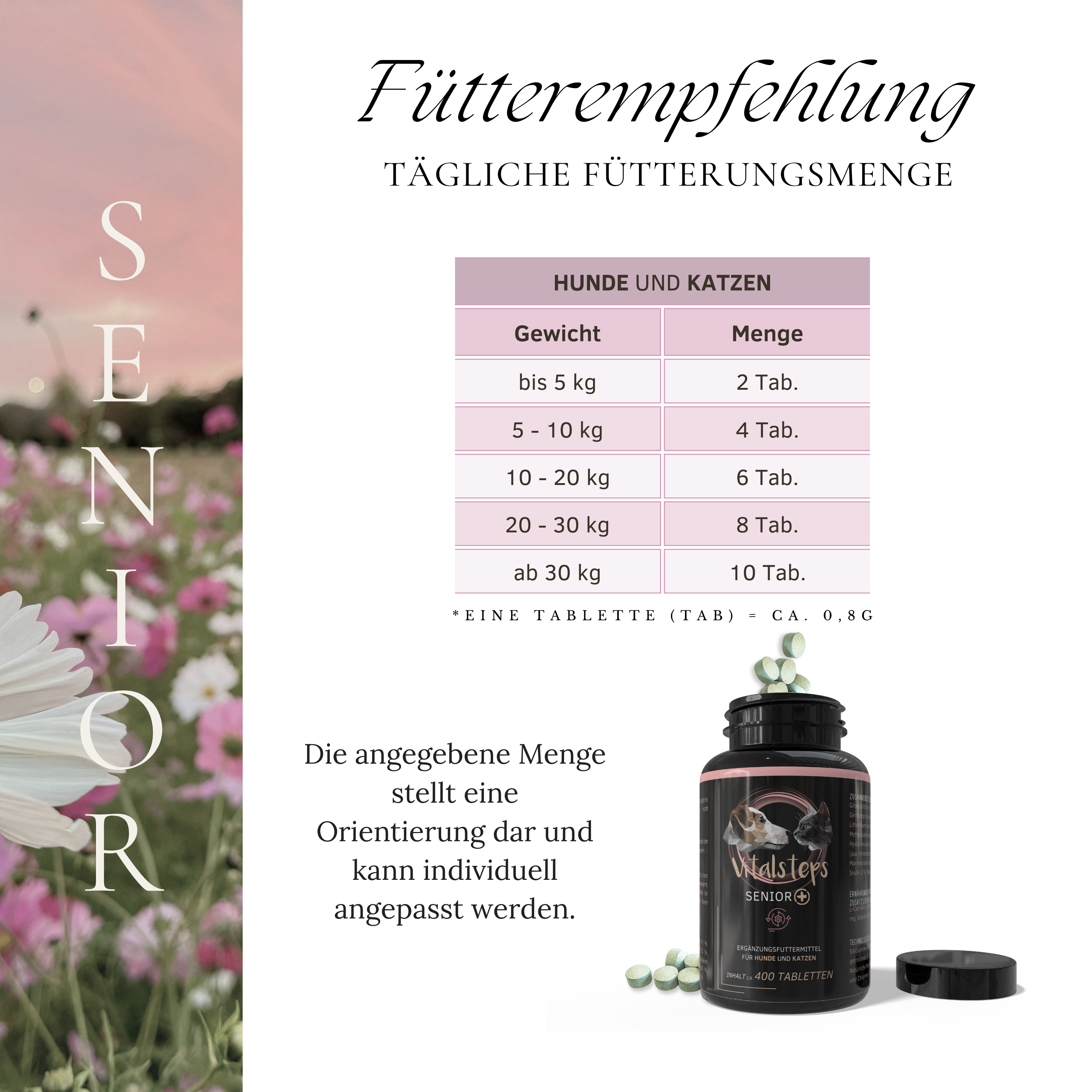 Vitalsteps Senior+ Fütterungsempfehlung für Hunde und Katzen mit Dosiertabelle, Dose und Tabletten