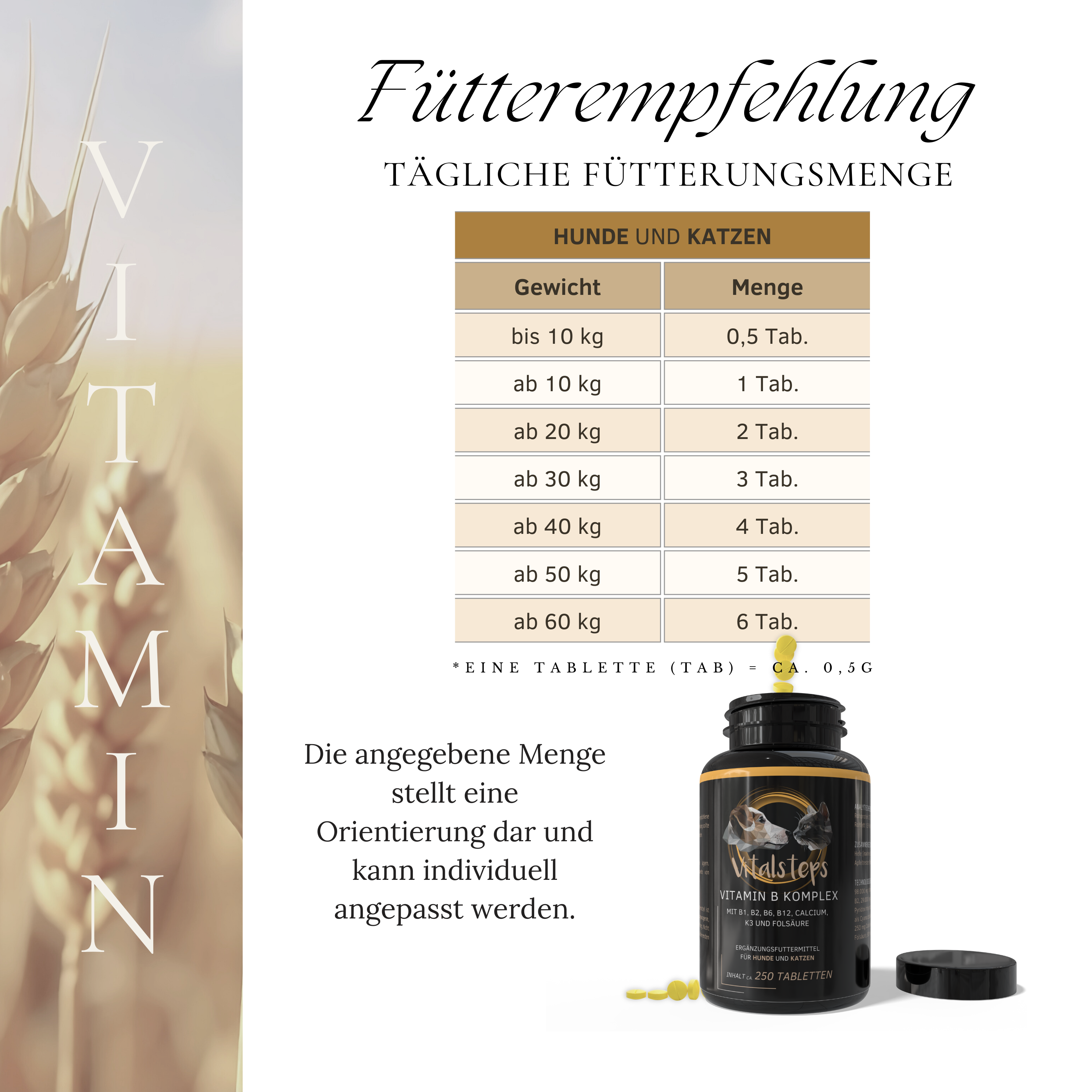 Vitalsteps Vitamin B Komplex Fütterungsempfehlung für Hunde und Katzen nach Gewicht