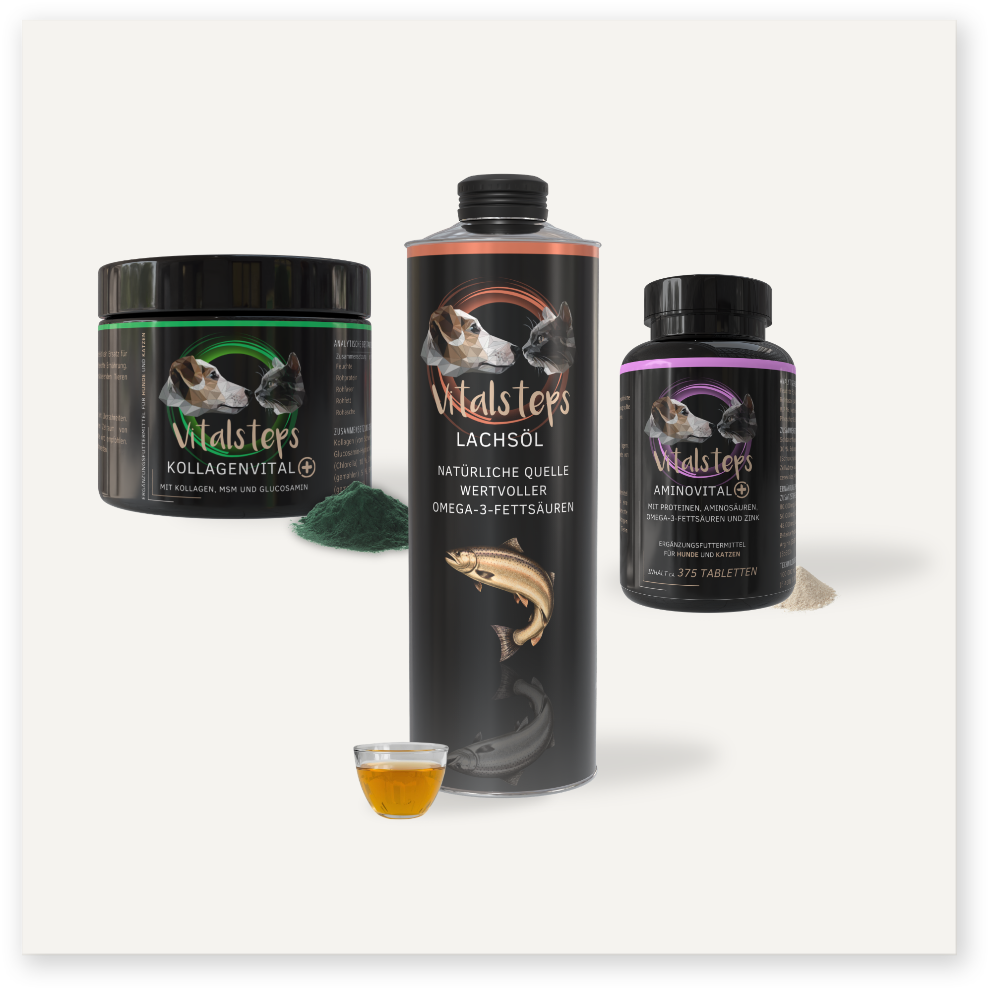 Vitalsteps Produktkombination für aktive Hunde und Katzen mit KollagenVital+ 225 Gramm, Lachsöl und AminoVital+ 300 Gramm als Ergänzungsfuttermittel