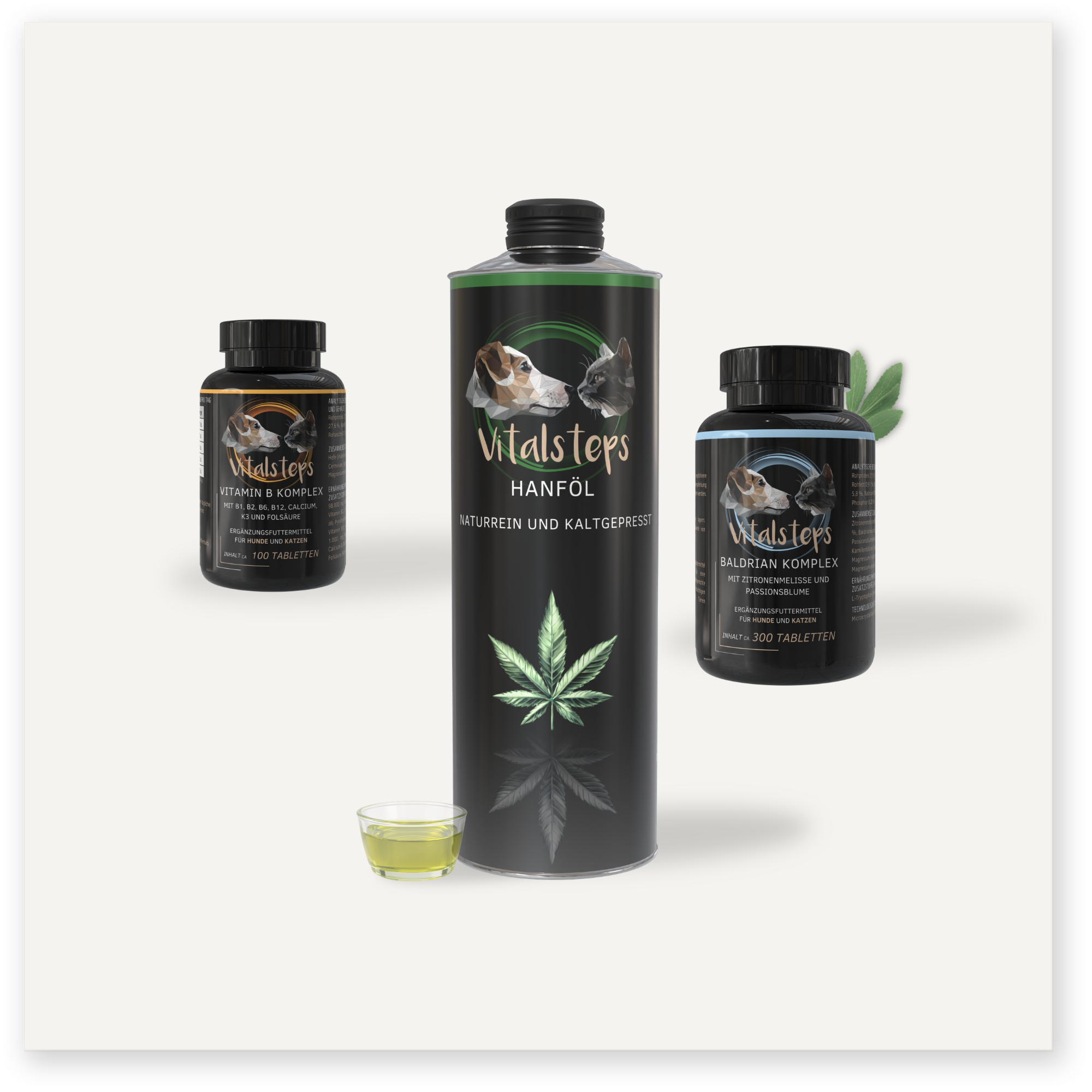 Vitalsteps Produktkombination Ausgleich für Hunde und Katzen mit Vitamin B Komplex, Hanföl und Baldrian Komplex als Ergänzungsfuttermittel