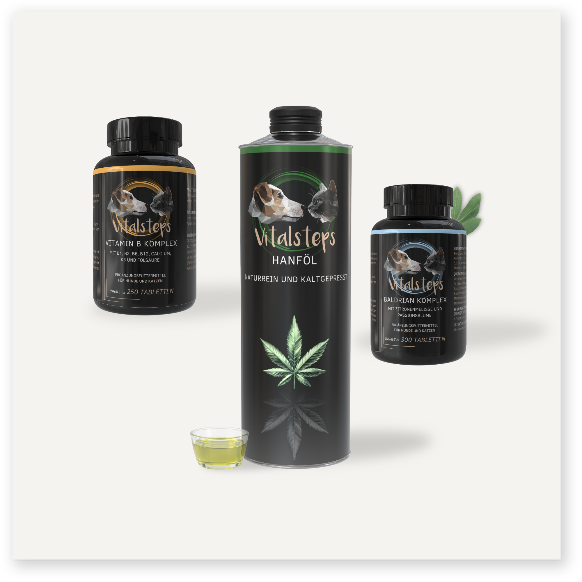 Vitalsteps Produktkombination Ausgleich für Hunde und Katzen mit Vitamin B Komplex, Hanföl und Baldrian Komplex als Ergänzungsfuttermittel