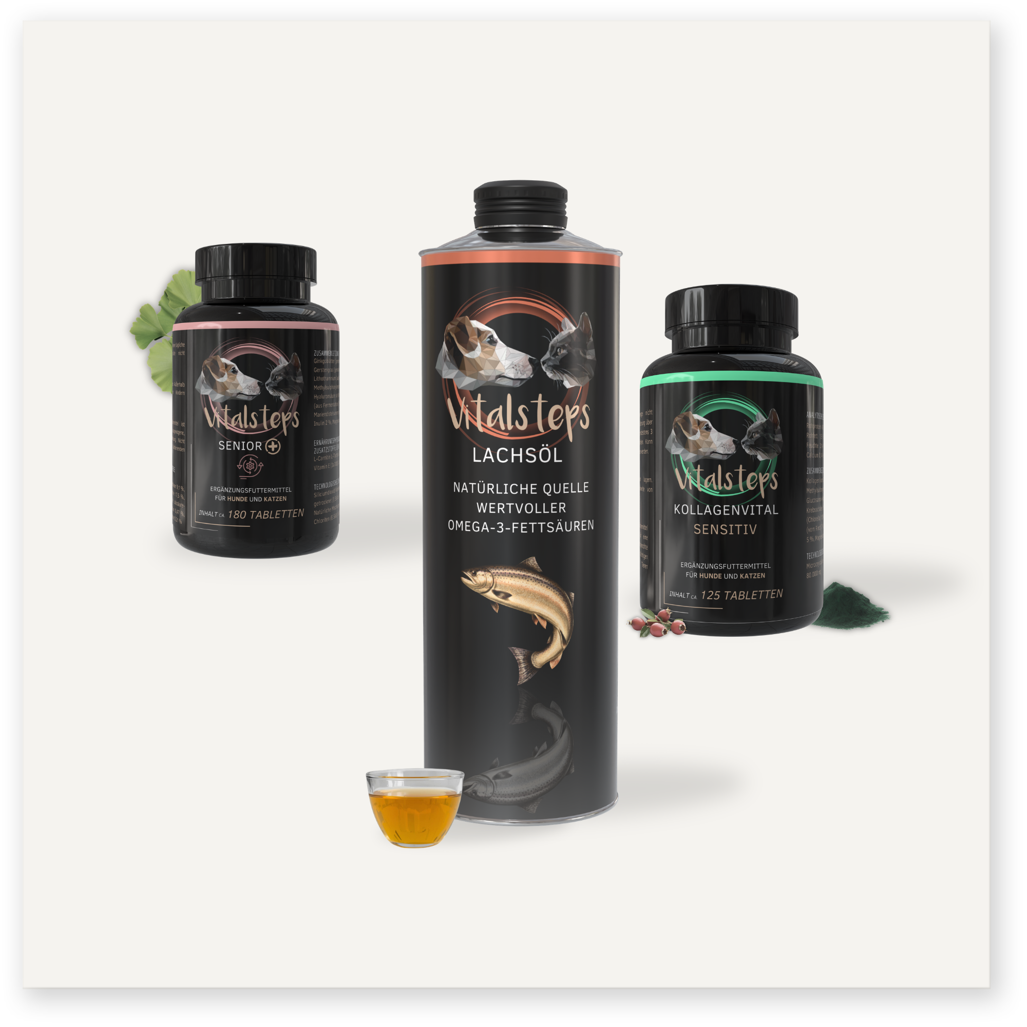 Vitalsteps Produktkombination Senioren für Hunde und Katzen mit Senior+ 150 Gramm, Lachsöl und KollagenVital Sensitiv als Ergänzungsfuttermittel