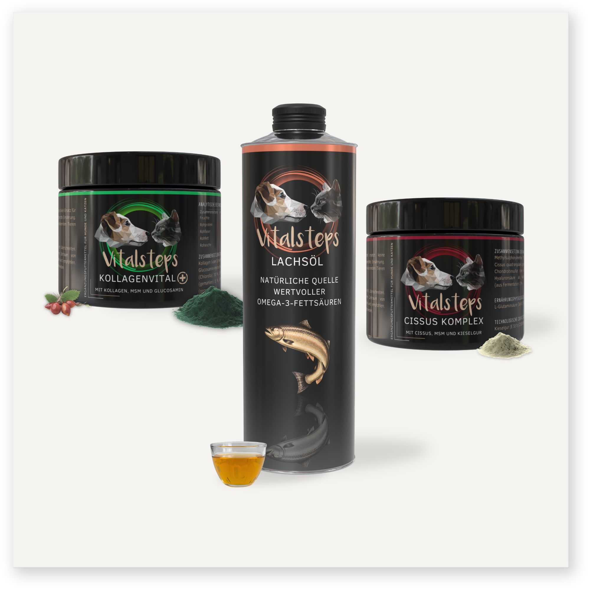 Vitalsteps Produktkombination Stabilität für Hunde und Katzen mit KollagenVital+ 225 Gramm, Lachsöl und Cissus Komplex 225 Gramm als Ergänzungsfuttermittel