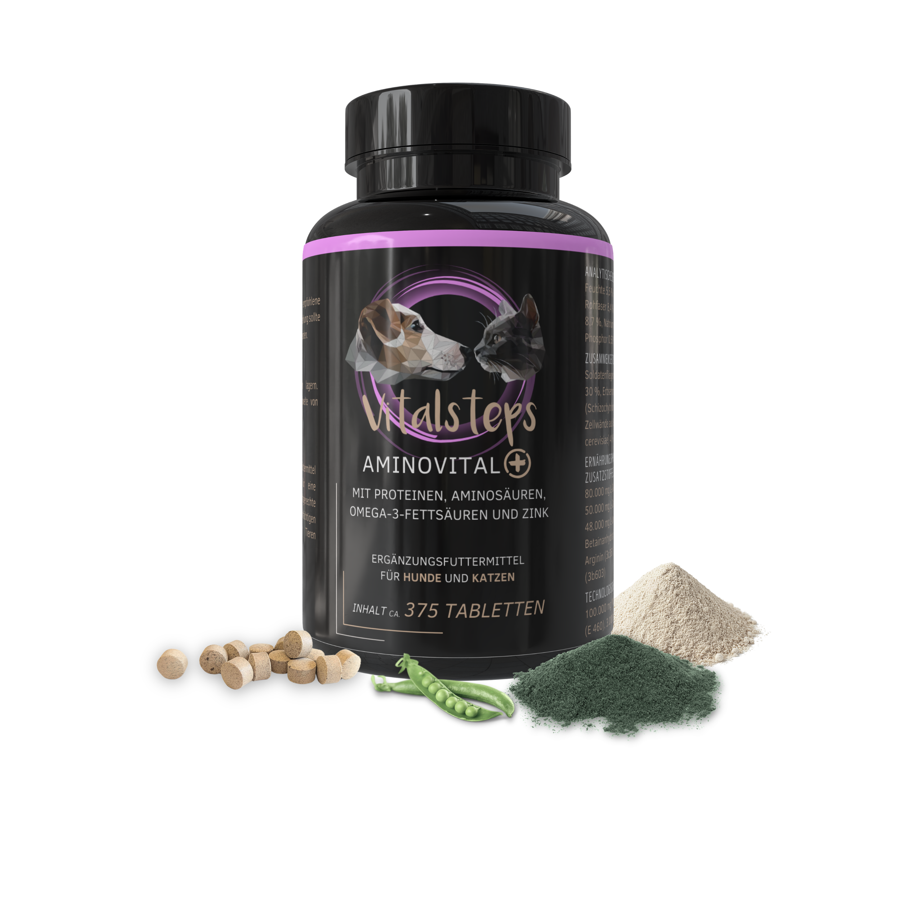Vitalsteps AminoVital+ Dose für Hunde und Katzen mit Tabletten, Erbsen und Pulveransicht
