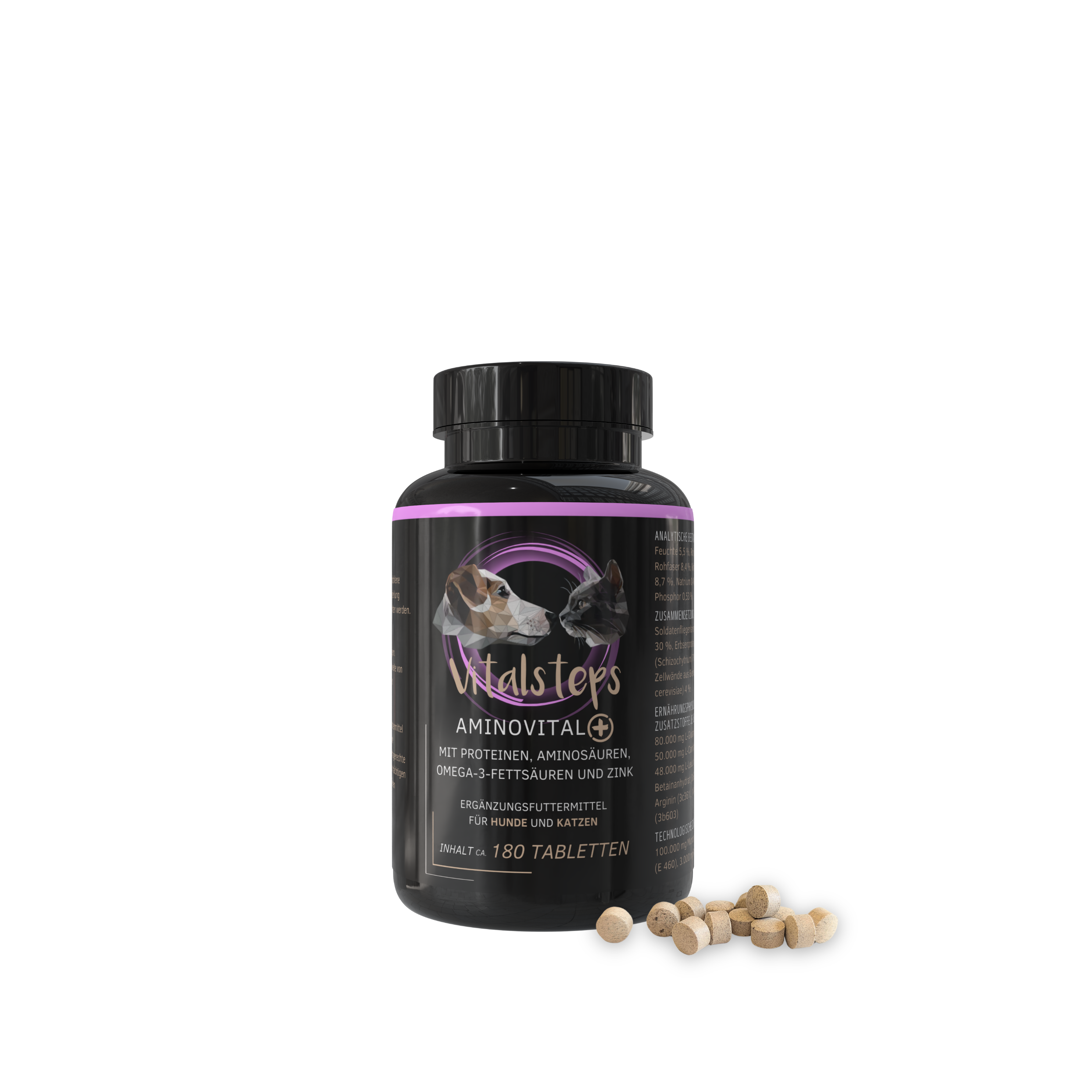 Vitalsteps AminoVital+ 180 Tabletten Dose auf weißem Hintergrund mit Tablettenansicht