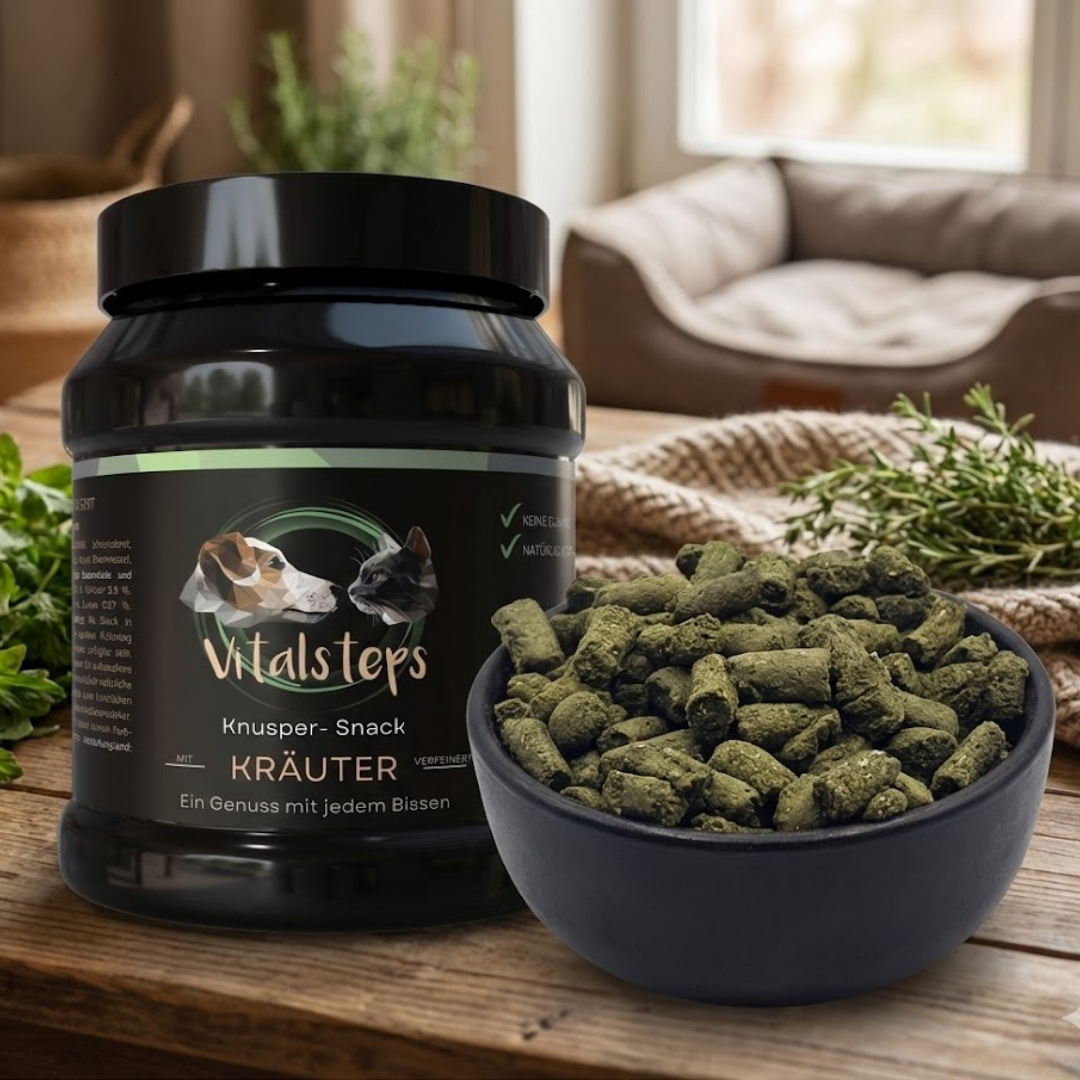 Vitalsteps Knusper-Snack Kräuter Produktdose mit grünen Snackstückchen in einer Schale