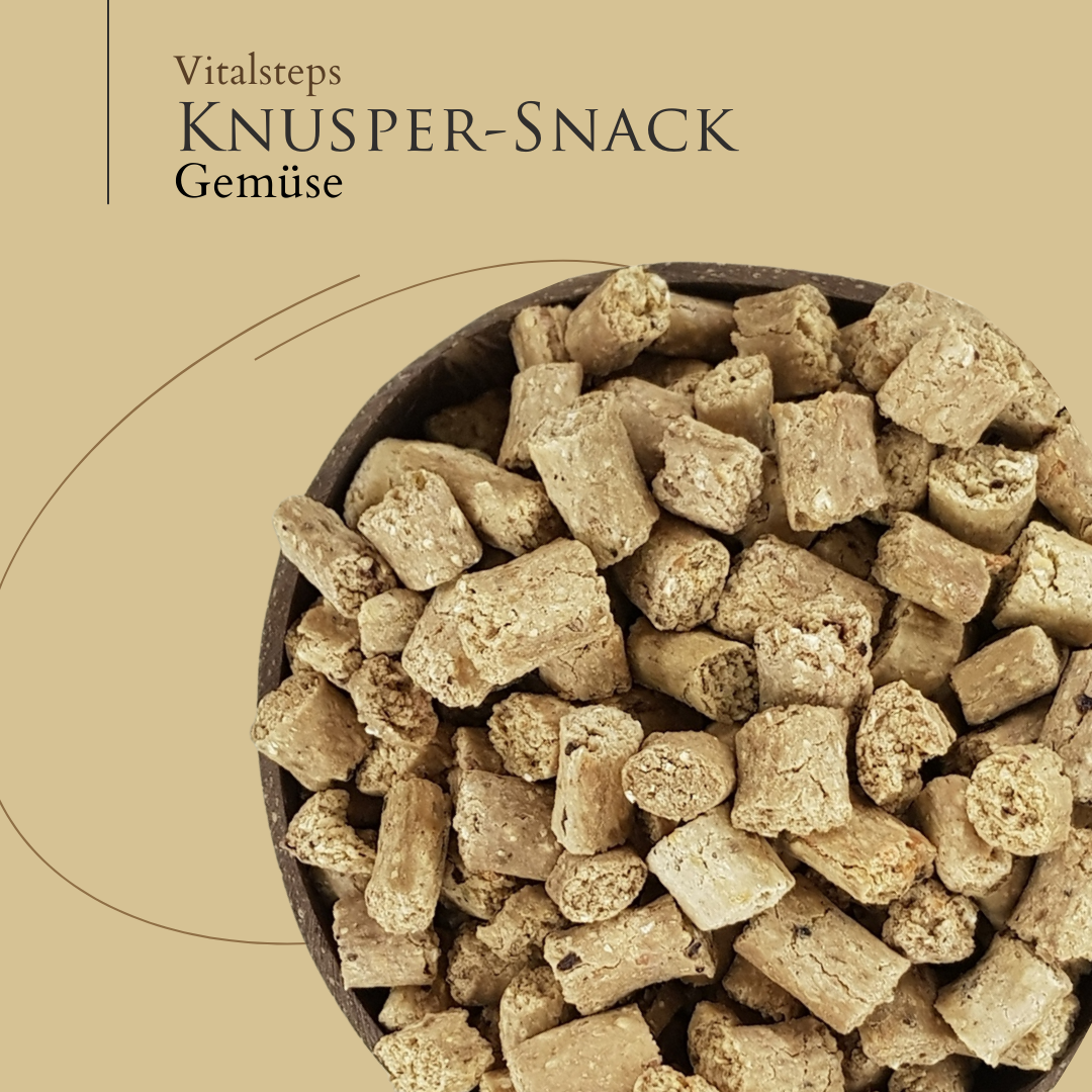 Vitalsteps Knusper-Snack Gemüse Nahaufnahme mit hellen Snackstückchen in einer Schale