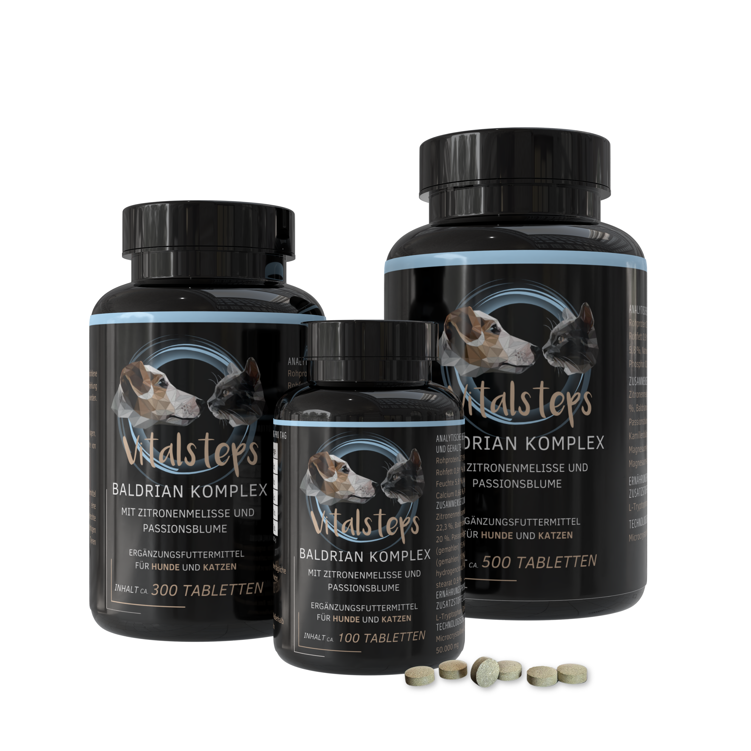 Vitalsteps Baldrian Komplex in drei Dosengrößen mit 100, 300 und 500 Tabletten