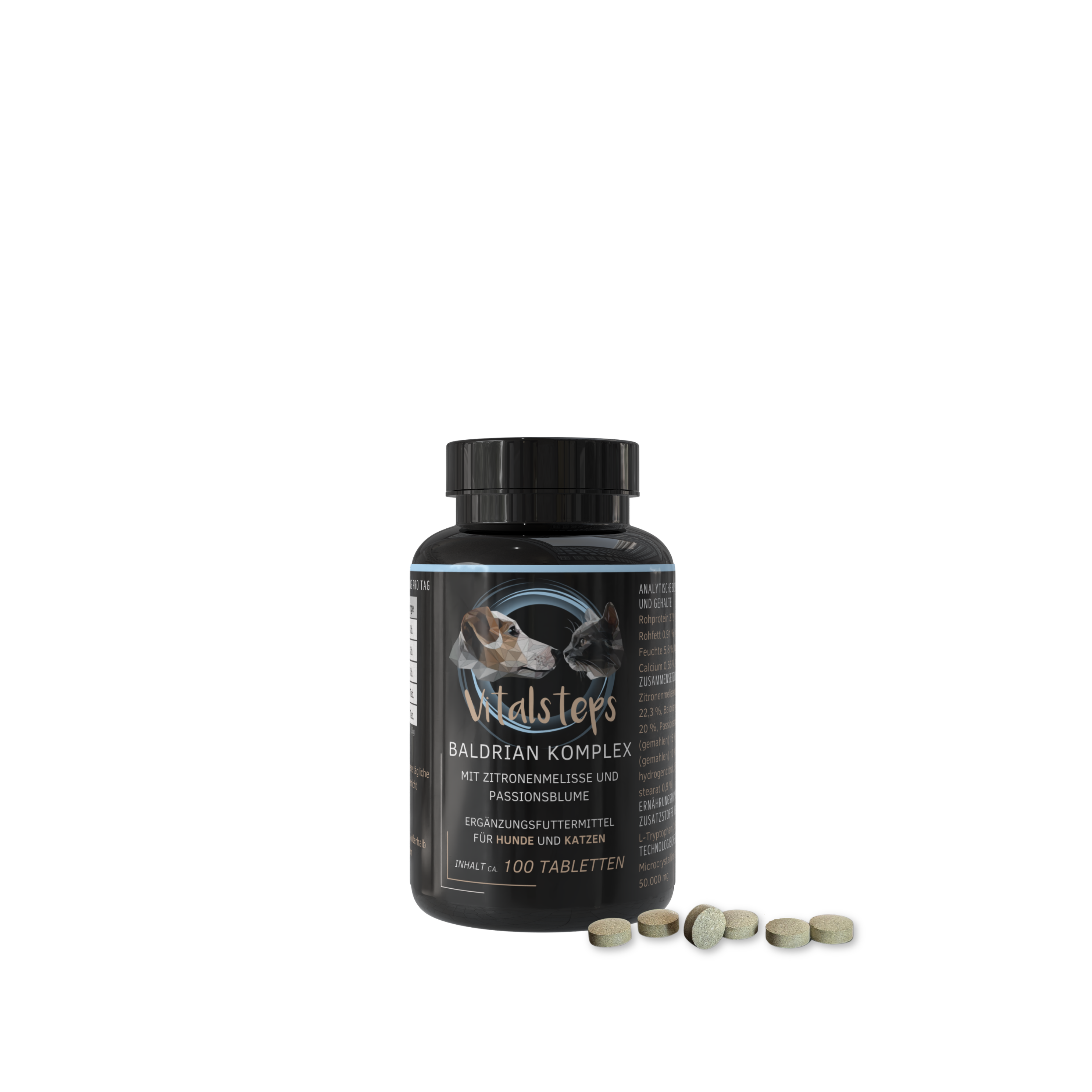 Vitalsteps Baldrian Komplex 100 Tabletten Dose für Hunde und Katzen mit Tablettenansicht auf weißem Hintergrund