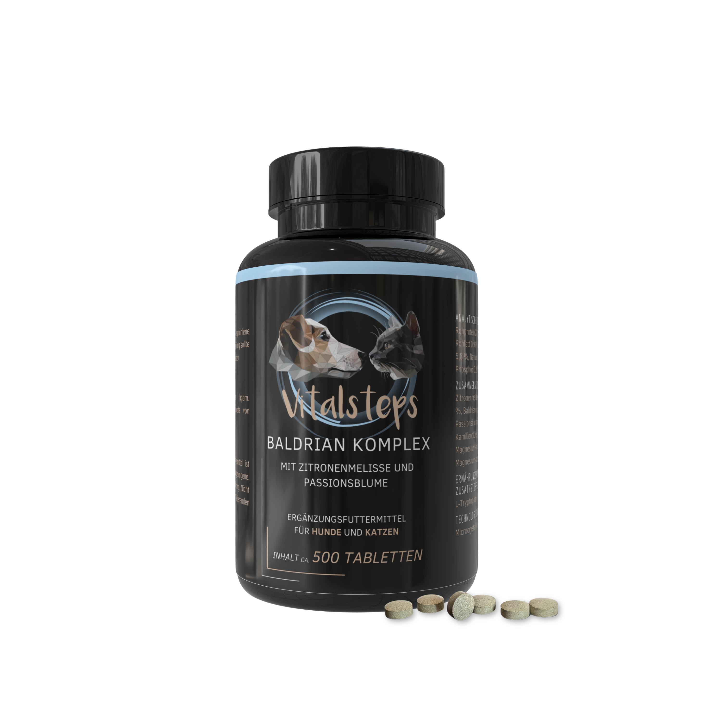 Vitalsteps Baldrian Komplex 500 Tabletten Dose für Hunde und Katzen mit Tablettenansicht auf weißem Hintergrund