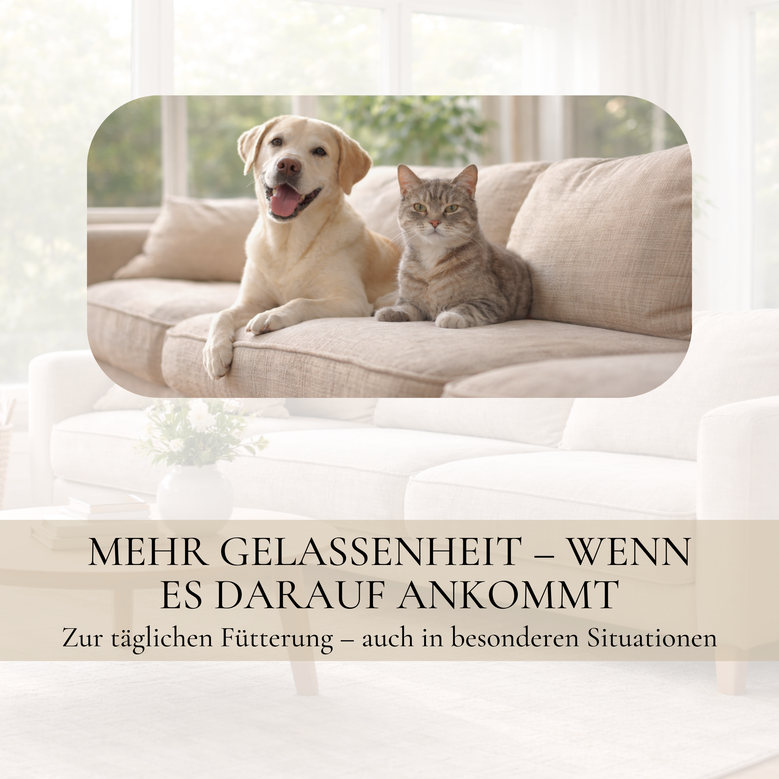 Hund und Katze auf Sofa mit Hinweis zur täglichen Fütterung mit Vitalsteps Baldrian Komplex