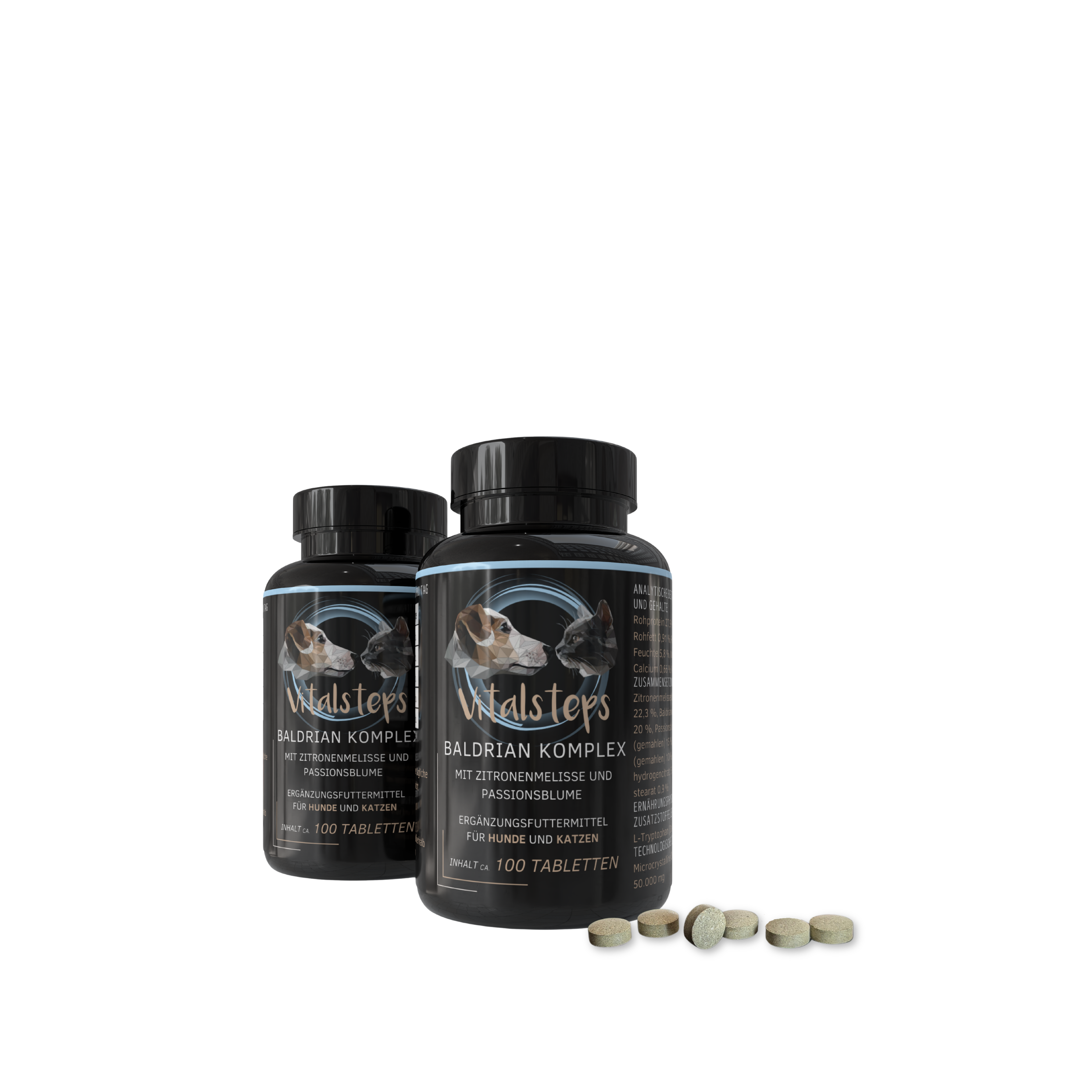 Vitalsteps Baldrian Komplex Vorratspack mit zwei 100 Tabletten Dosen und Tablettenansicht