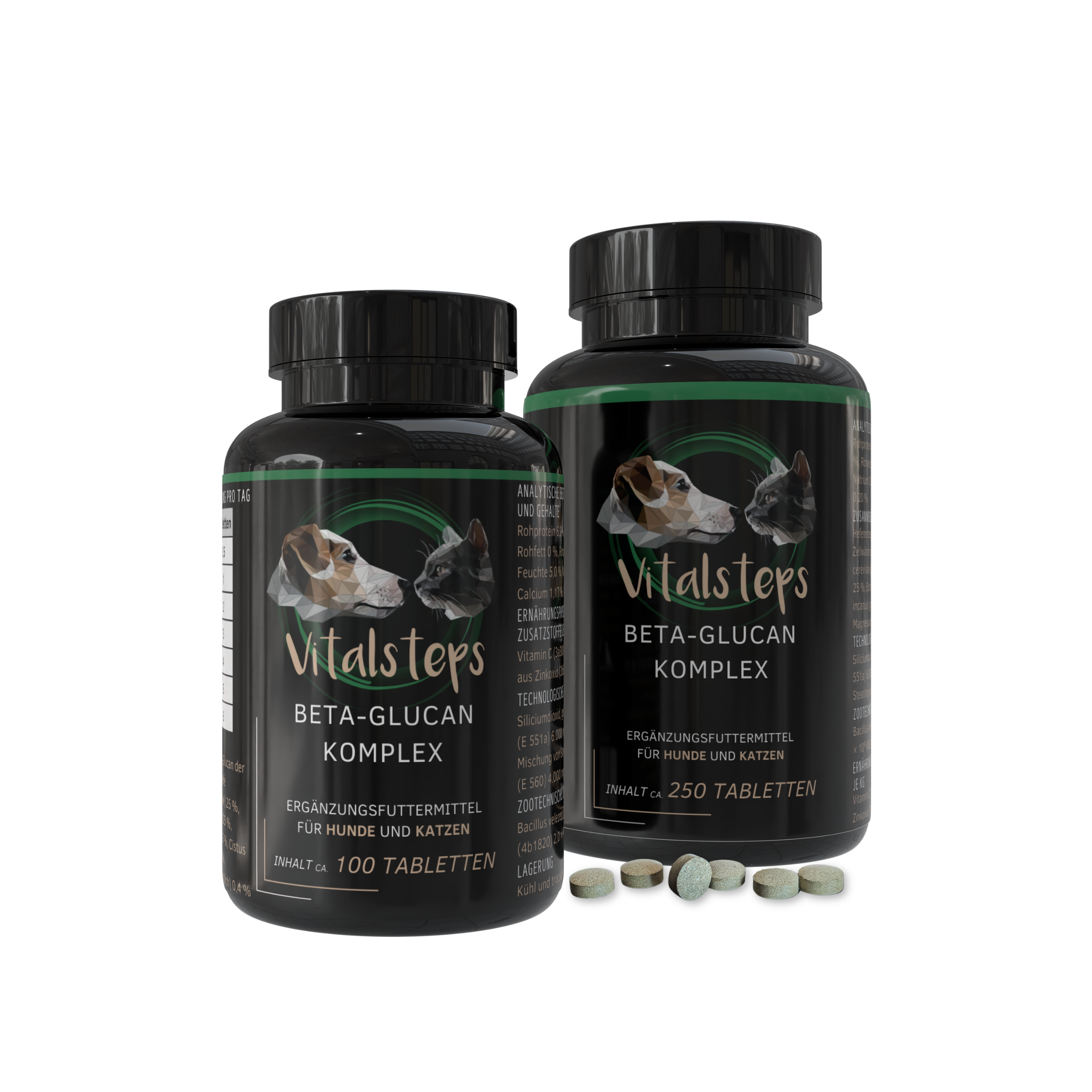 Vitalsteps Beta-Glucan Komplex für Hunde und Katzen in 100 und 250 Tabletten Dosen mit Tablettenansicht