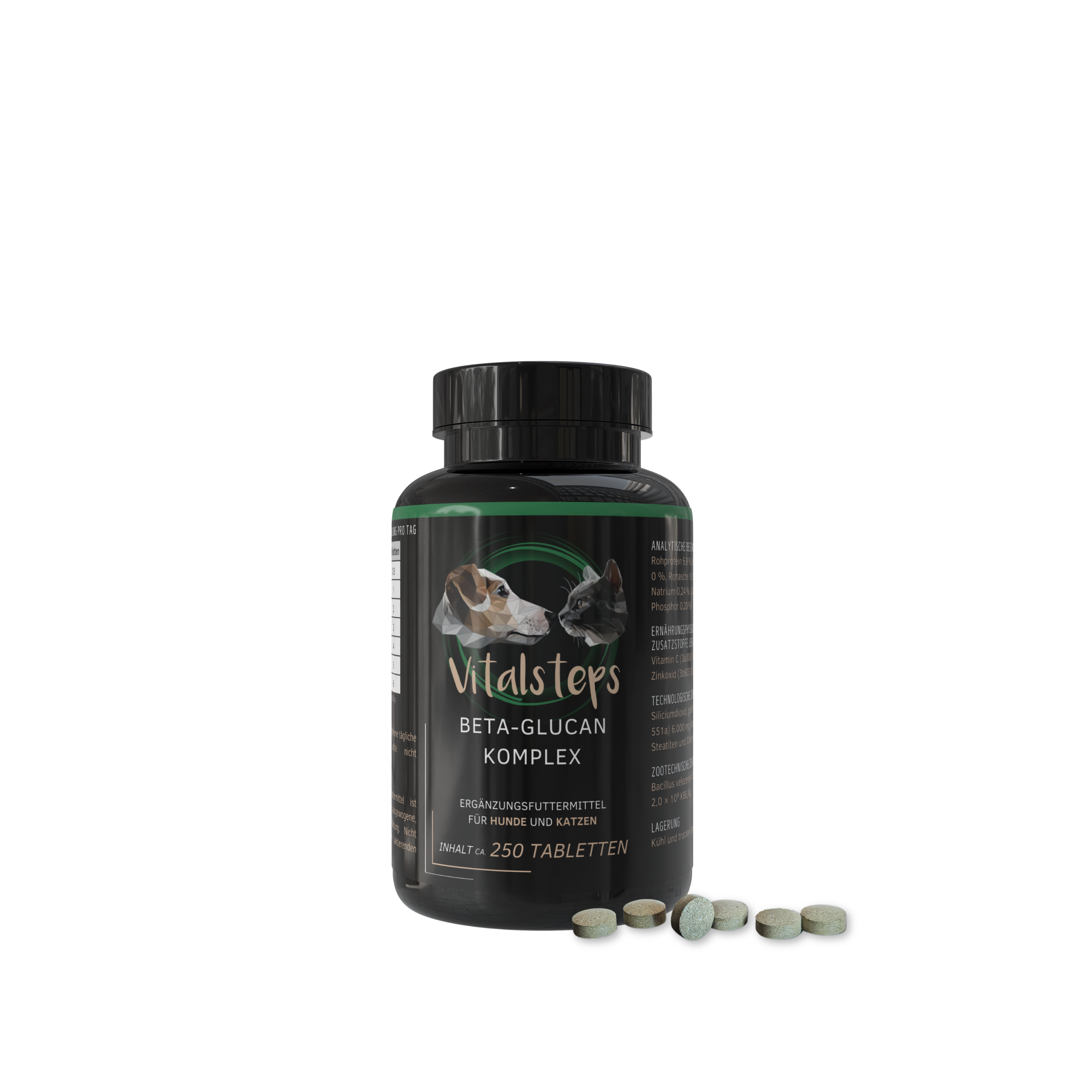Vitalsteps Beta-Glucan Komplex 250 Tabletten Dose für Hunde und Katzen mit Tablettenansicht