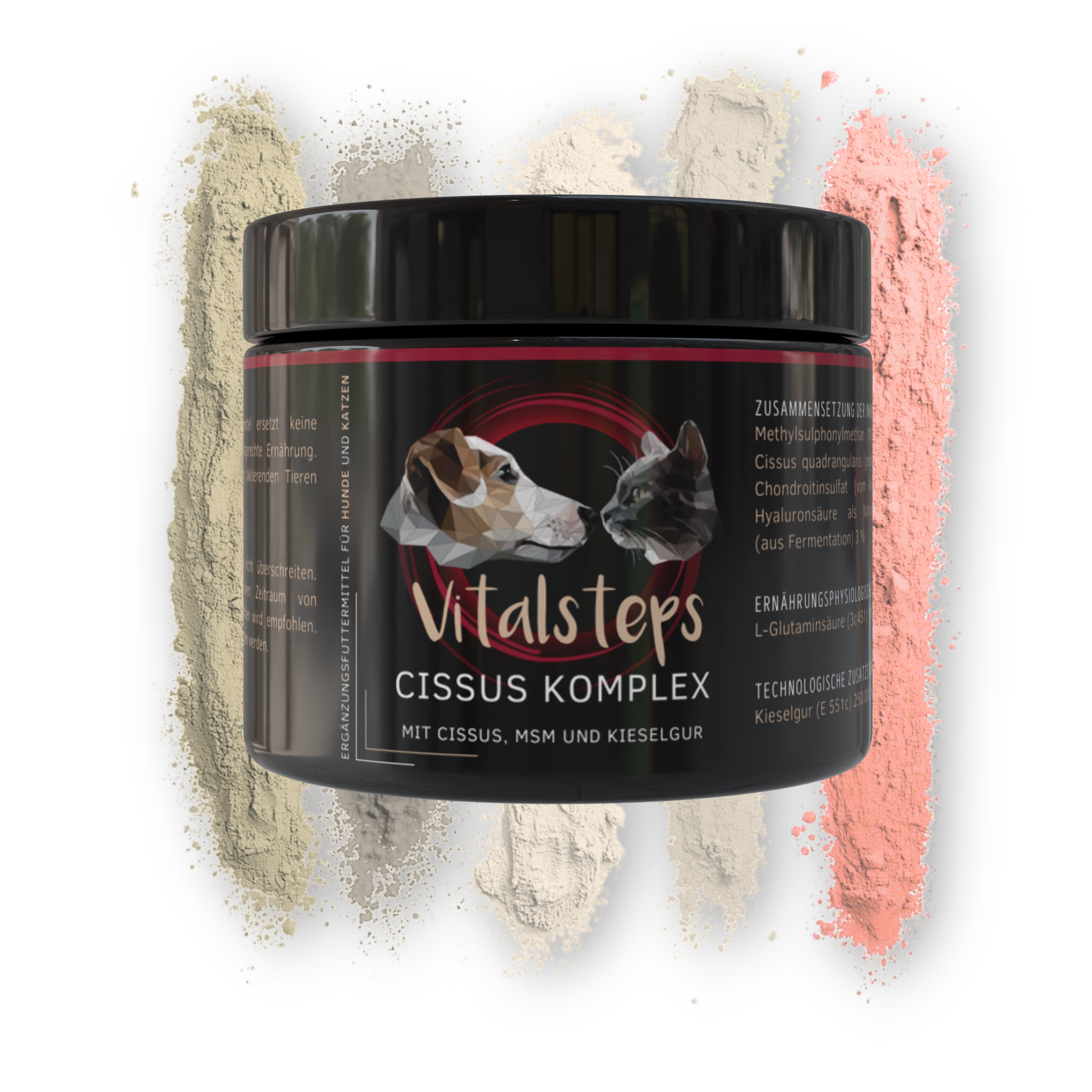 Vitalsteps Cissus Komplex Dose für Hunde und Katzen mit verschiedenen Pulveransichten