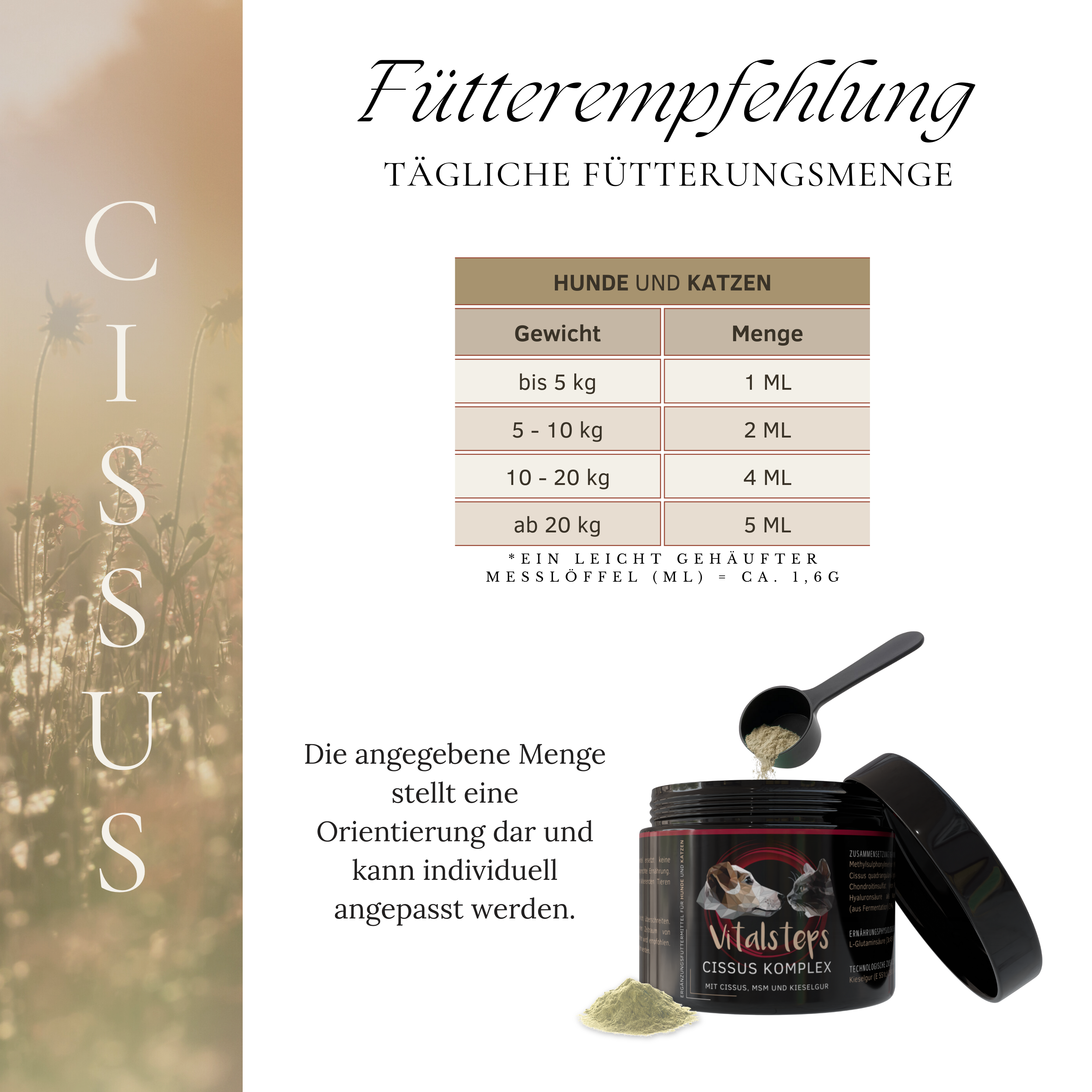 Vitalsteps Cissus Komplex Fütterungsempfehlung für Hunde und Katzen mit Dosiertabelle, Dose und Messlöffel
