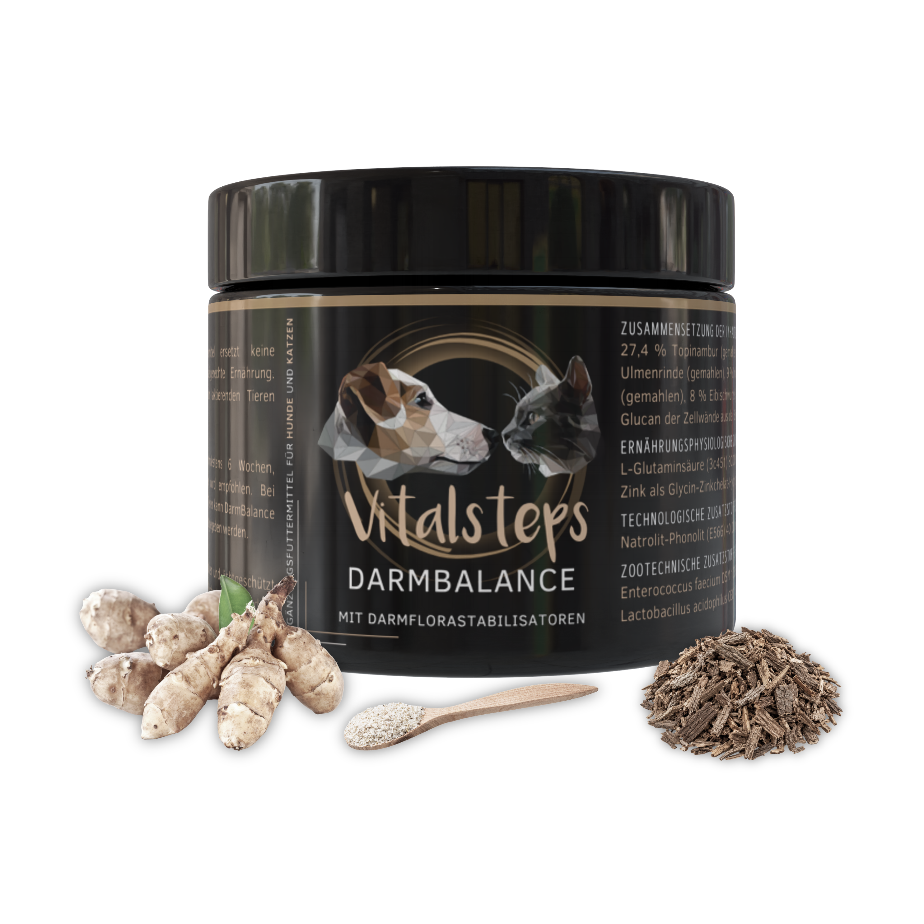 Vitalsteps DarmBalance Dose mit Topinambur, Ulmenrinde und Messlöffel – Ergänzungsfuttermittel für Hunde und Katzen mit Darmflorastabilisatoren.