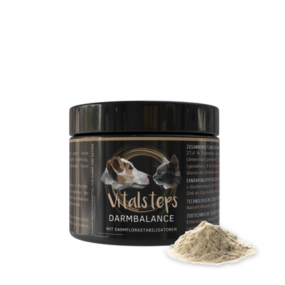 Vitalsteps DarmBalance in der kleinen Dose mit Pulver – Ergänzungsfuttermittel für Hunde und Katzen mit Darmflorastabilisatoren.