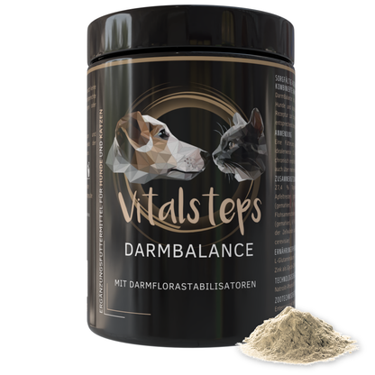 Vitalsteps DarmBalance Dose mit Pulver – Ergänzungsfuttermittel für Hunde und Katzen mit Darmflorastabilisatoren.