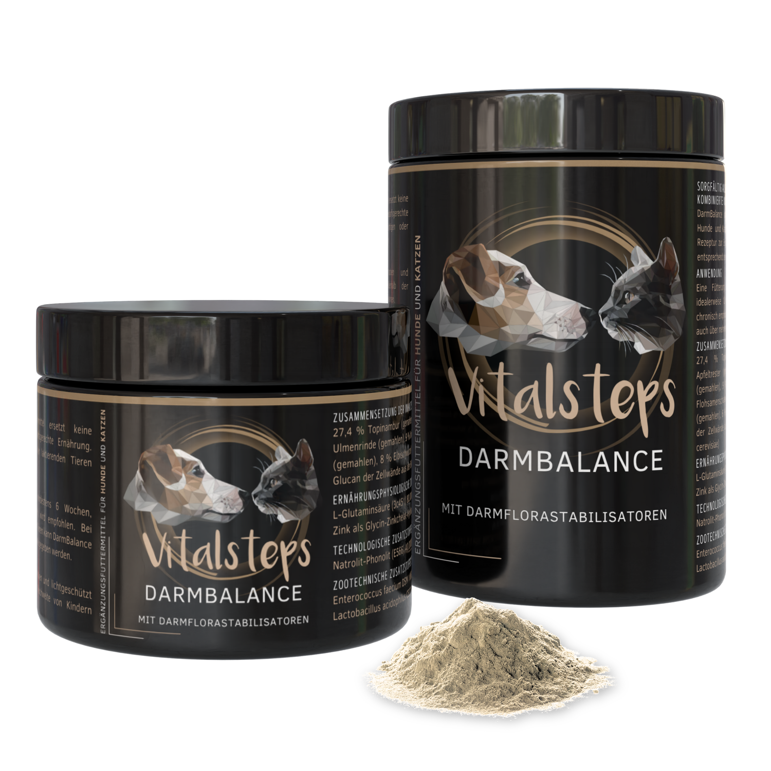 Vitalsteps DarmBalance in zwei Dosengrößen mit Pulver – Ergänzungsfuttermittel für Hunde und Katzen mit Darmflorastabilisatoren.